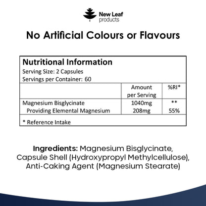Magnesium Glycinate Supplements - 1040mg of Magnesium - 120 High Strength Capsules NEW LEAF PRODUCTSUS supplements