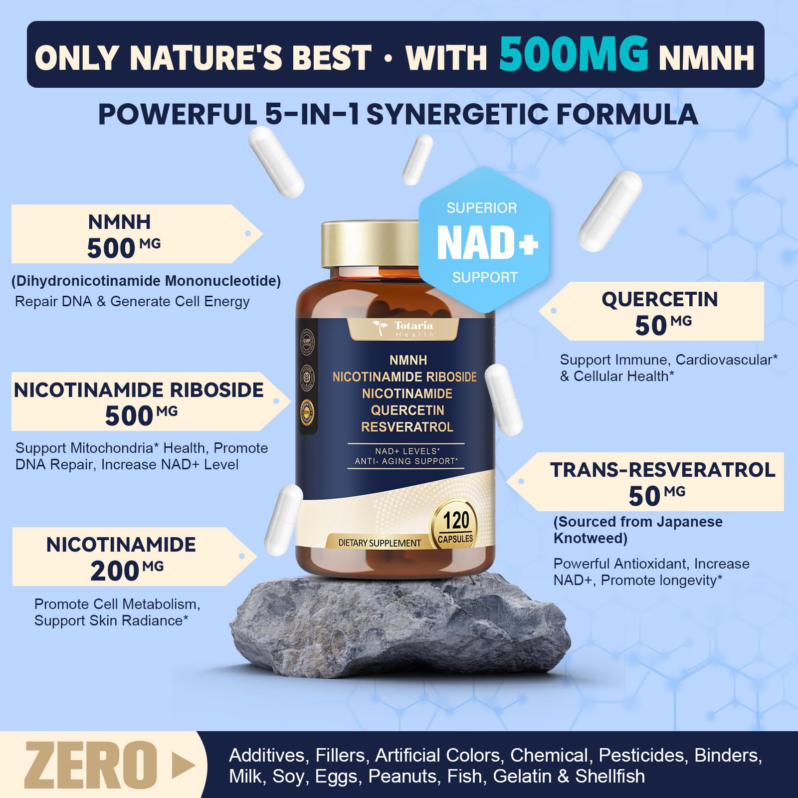 Totaria NMNH 500mg (Dihydronicotinamide Mononucleotide), Premium NMN Alternative Supplement w/Niacinamide (Vitamin B3), Quercetin, Trans-Resveratrol, for NAD+, Skin Cell, Anti-Aging & Energy, 120 Ct TotariaAu supplements