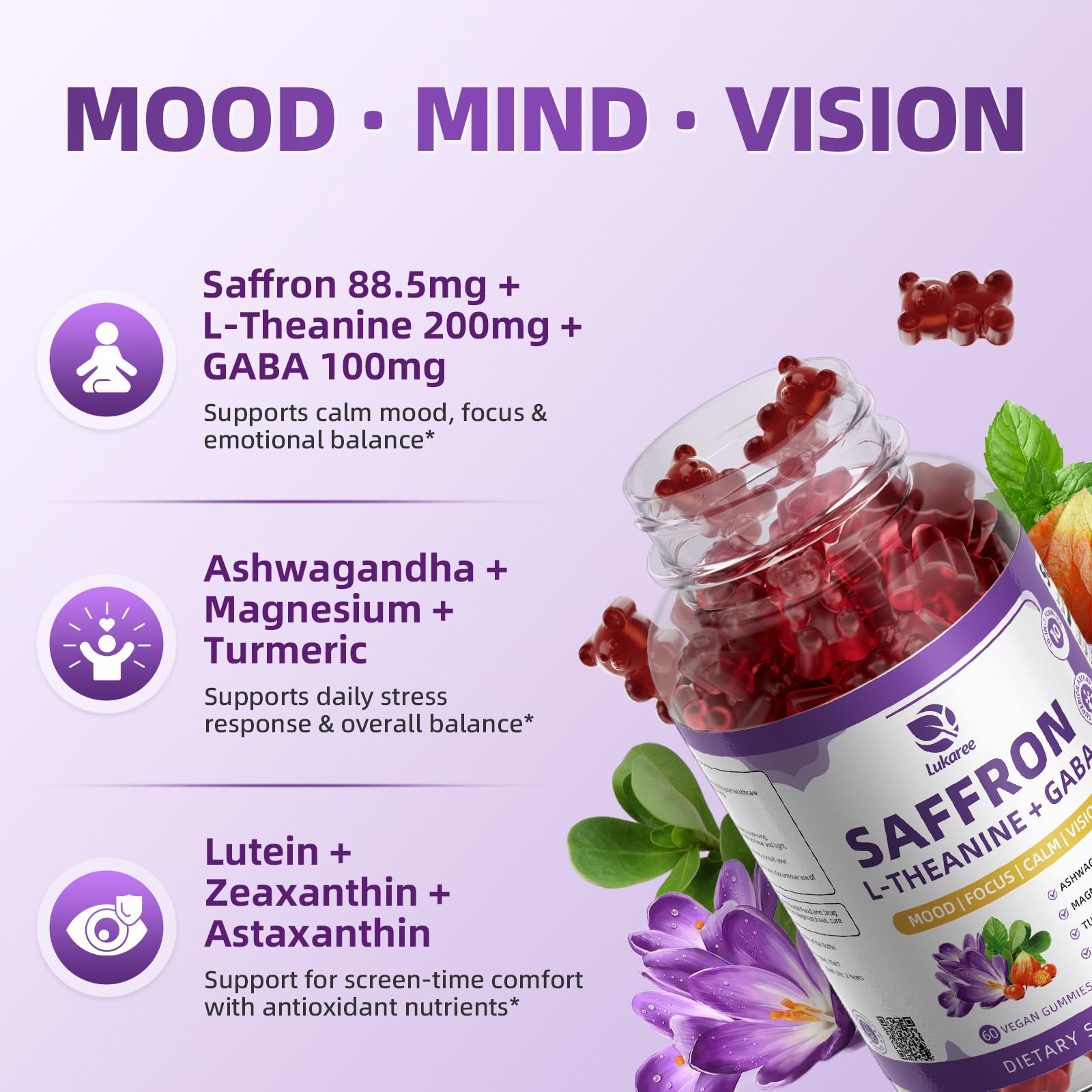 10-in-1 Saffron Supplements Gummies - Saffron Extract 88.5 mg with L-Theanine, GABA, Ashwagandha, Turmeric,Magnesium – Mood, Focus, Vision Support & Cortisol Balance, Sugar Free, Vegan, 60 Counts LukareeAu supplements