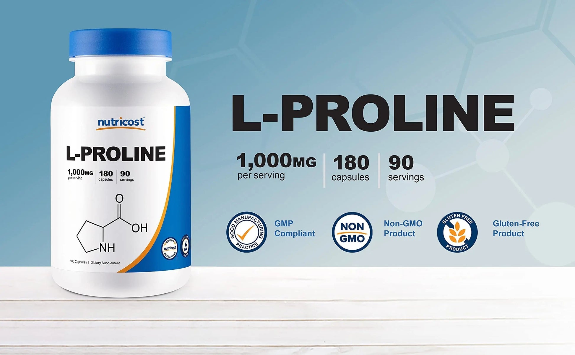 Nutricost L-Proline 1000mg, 180 Capsules (90 Servings) - 500mg Per Cap, Non-GMO, Gluten Free NutricostAu supplements