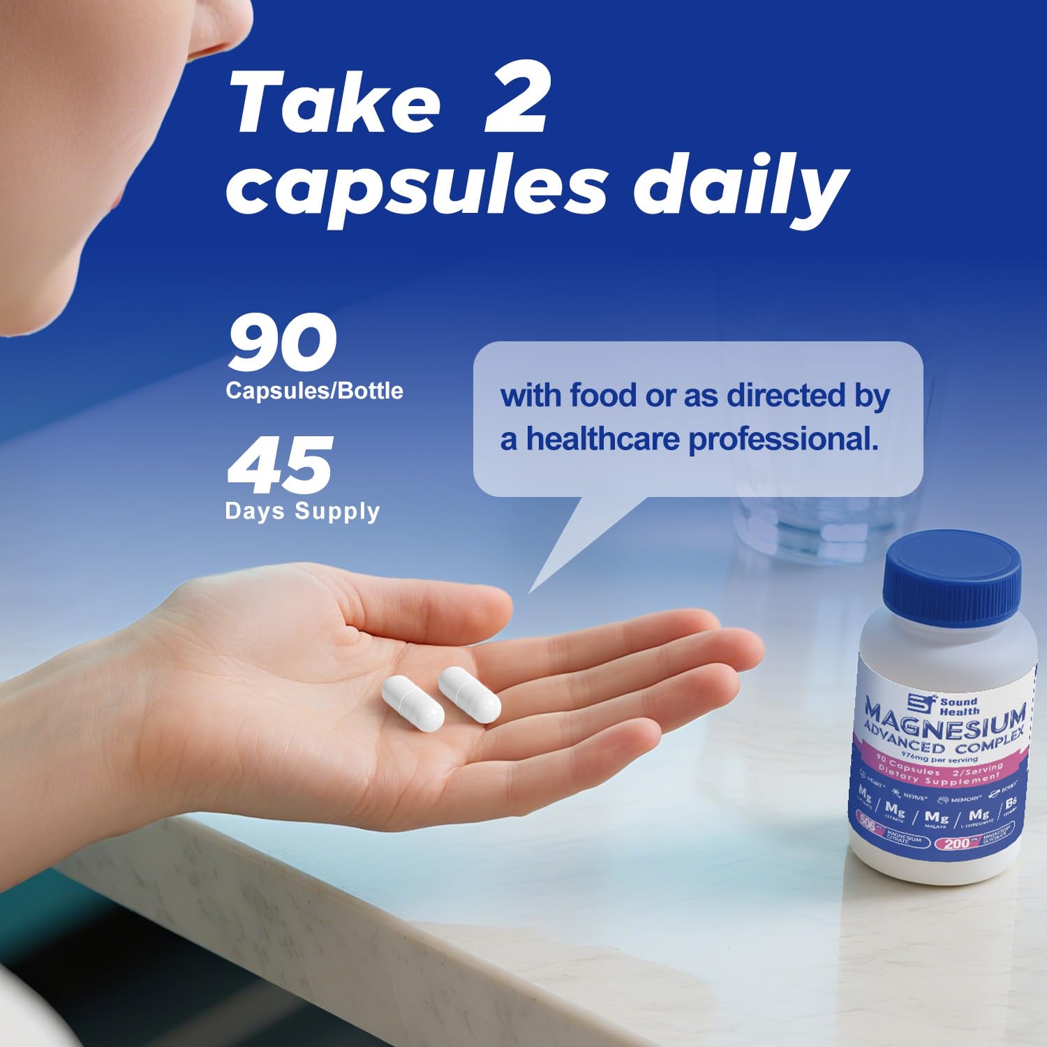 5 in 1 Magnesium Complex Capsule 976mg wtih Magnesium Glycinate, Citrate, Malate, L-Threonate & Vitamin B6, High Absorption Magnesium Complex for Women & Men, Third-Party Tested, Vegan, Non-GMO Sound Health PlusAu supplements