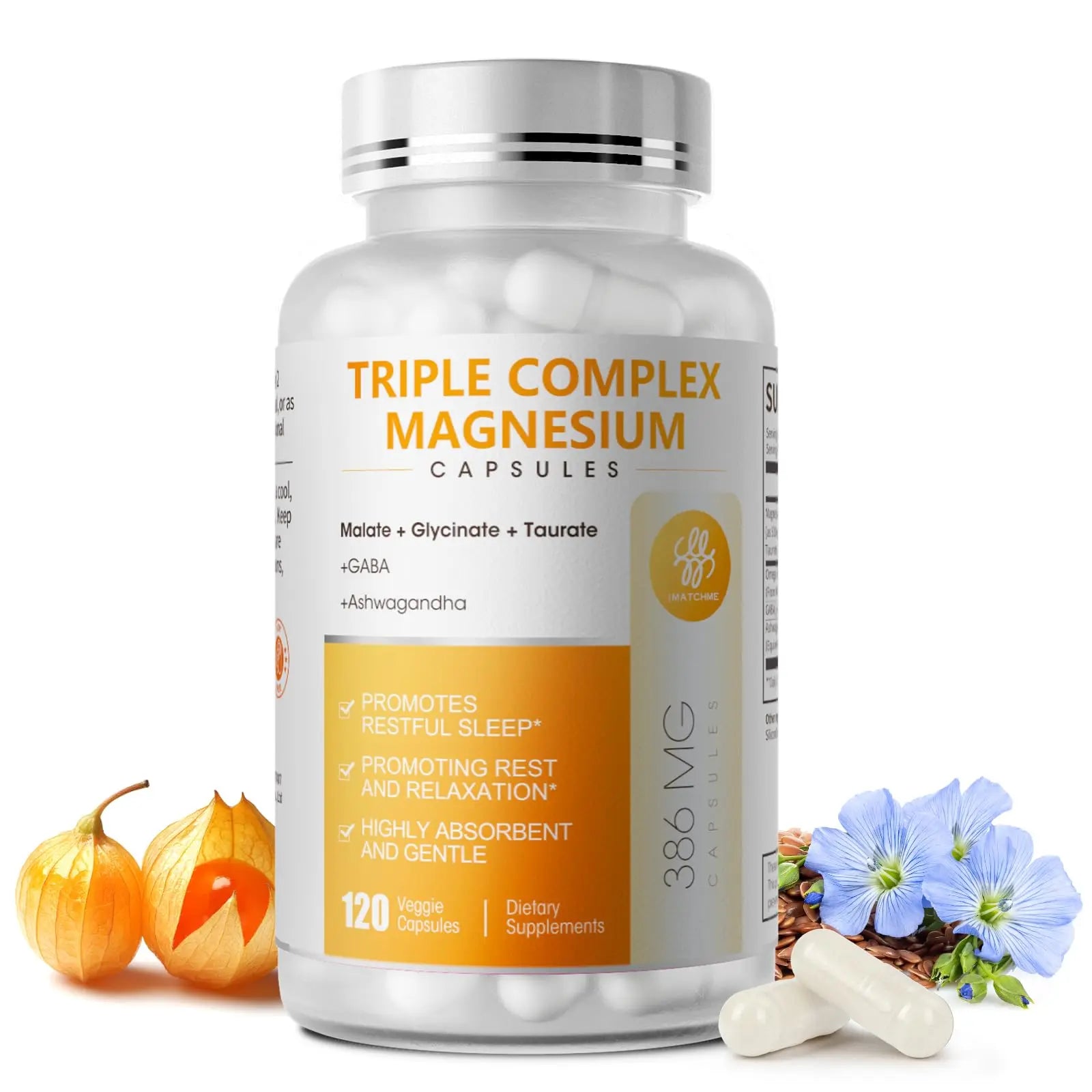 Triple Magnesium Complex - Magnesium Glycinate, Taurate & Malate Supplement with Omega3, Ashwagandha, GABA for Sleep, Brain Heart & Muscle Support - High Absorption and Gentle, Vegan, 120 Capsules iMATCHMEAu supplements