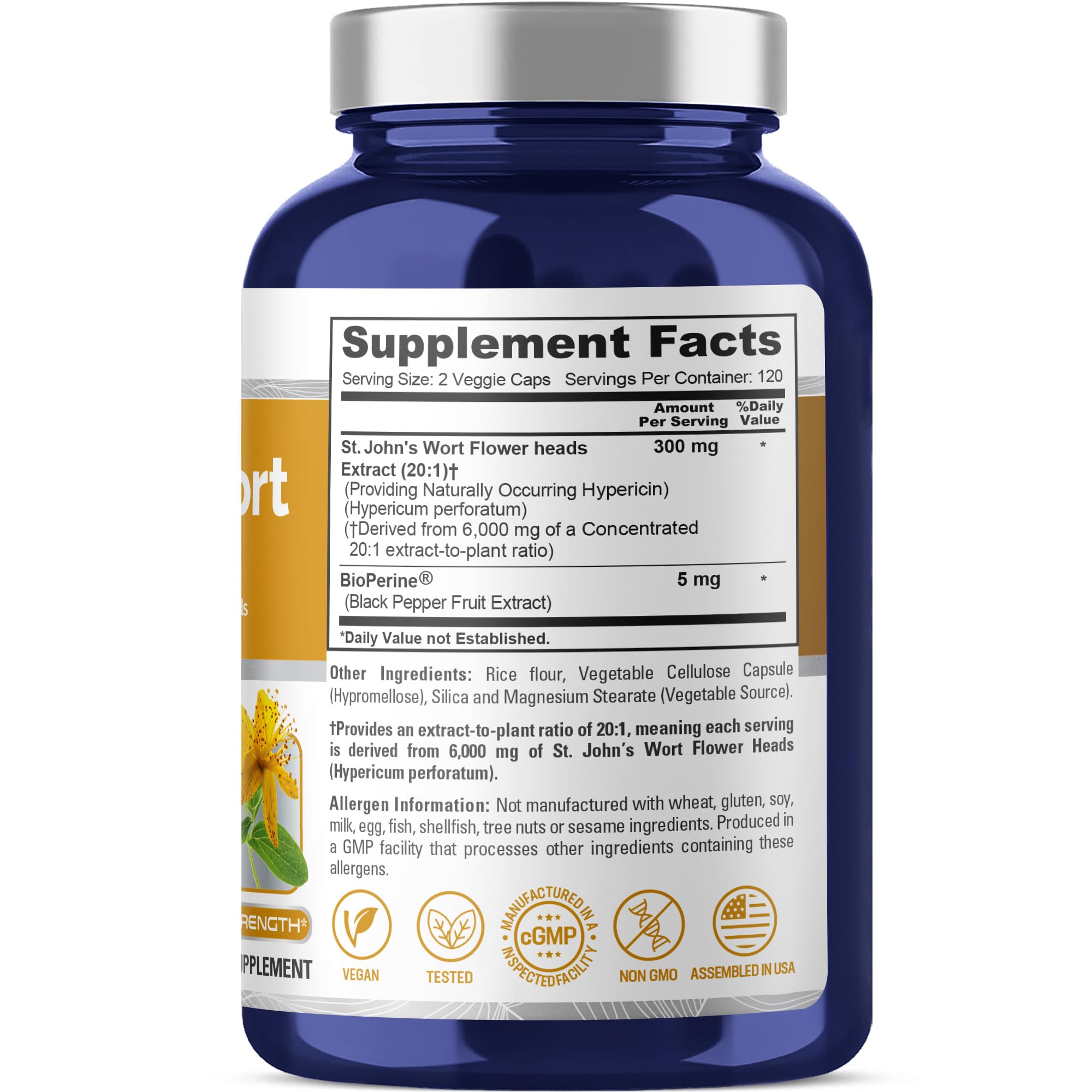NusaPure St. John's Wort 20:1 Extract, 300 mg Equivalent to 6,000mg 240 Veggie Capsules (Vegetarian, Non-GMO & Vegan) Bioperine NusaPureAu supplements
