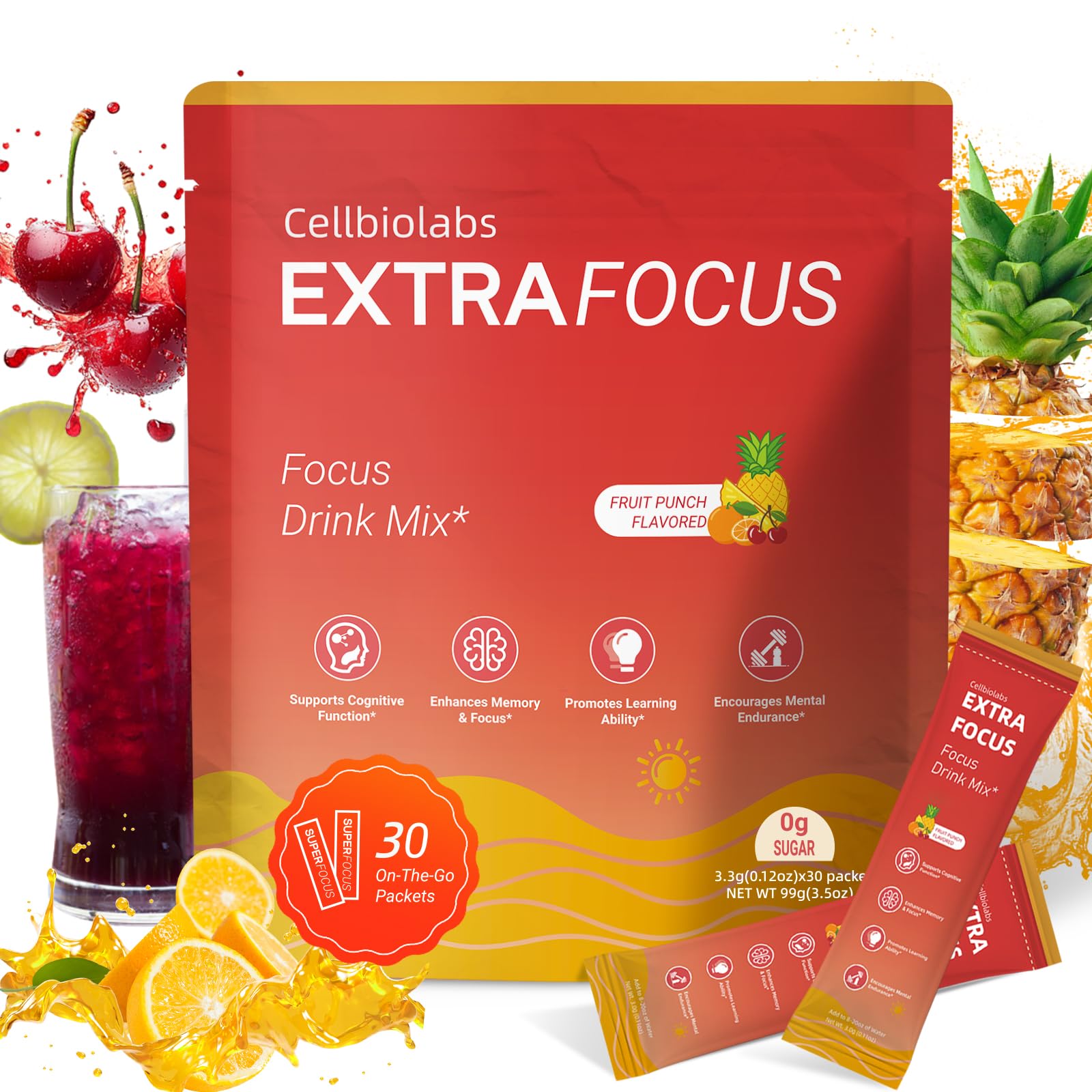 Nootropic Extra Focus Drink Mix, 30 Packs On-The-Go Sticks, Featuring Alpha-GPC, Lion's Mane & Rhodiola, Sugar-Free Packets Fruit Punch Clean Drink Mix CellbiolabsAu supplements