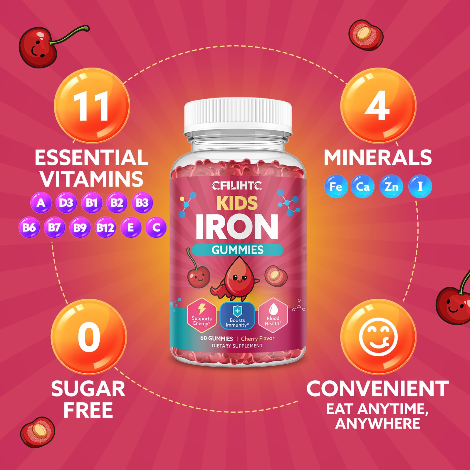 Iron Gummies for Kids & Teens, Kids Multivitamin with Iron Supplement, Calcium, Folate, Zinc, Prebiotic - for Blood Builder & Energy Support, Iron Deficiency - Vegan & Non-GMO - 60 Count Cherry CFILIHTCAu supplements