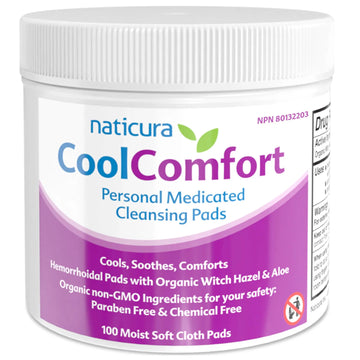 CoolComfort Personal Cleansing Pads with Organic Witch Hazel and Aloe Vera - All Natural and Fast Acting Wipes for Hemorrhoid Burning, Itching, Pain and Swelling - 100 Pads - No Parabens - Made in USA NaticuraAu supplements