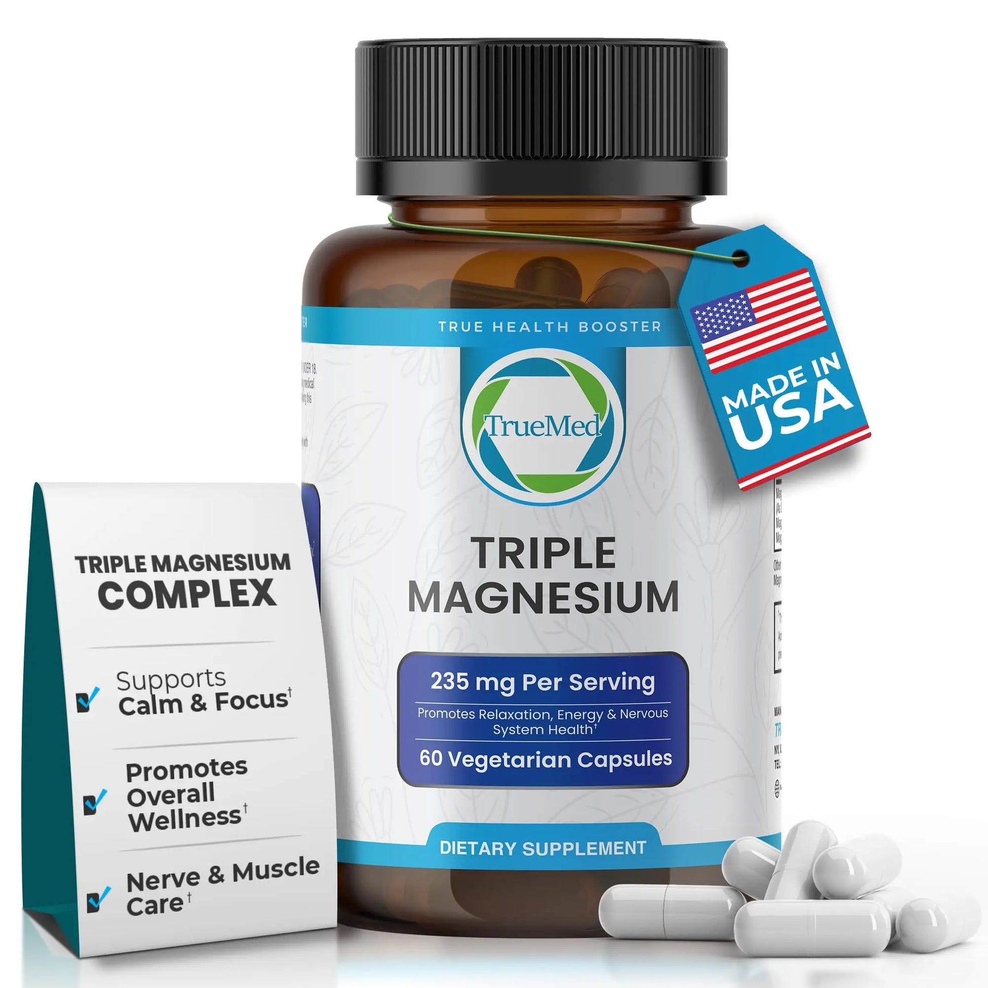 Truemed Triple Magnesium Complex Supplement 235mg with Magnesium Citrate, Malate & Lysinate Chelate | Magnesium Supplement for Sleep, Muscle Relaxation, Energy & Nerve Support | 60 Capsules, USA Made TRUEMEDAu supplements
