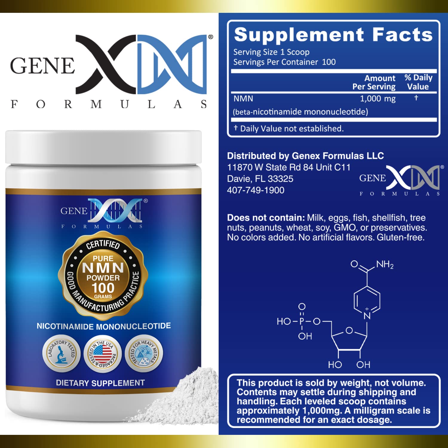 Genex Formulas Pure NMN Powder 100 Grams, Instant Dissolve, Shelf Stable, Non-Synthetic, PVP Free, Ultra-Low Density, 99.9% Pure NMN, Made in a US-Based, GMP, NSF & FSSC 22000 Certified Facility Genex FormulasAu supplements