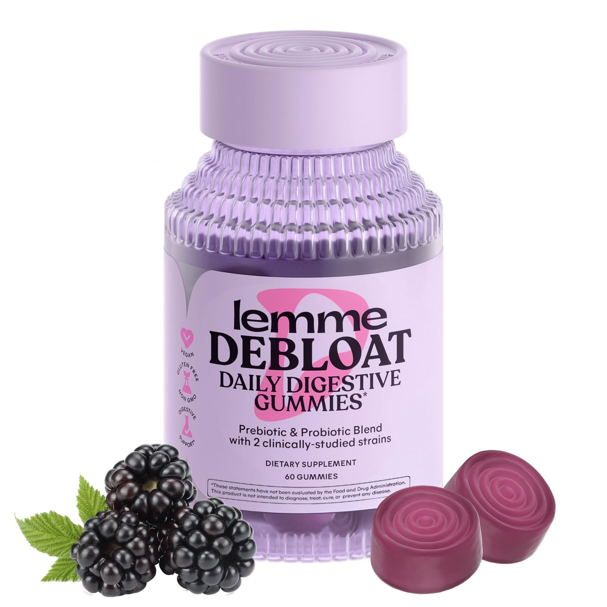 Lemme Debloat - Digestive & Gut Health Gummies with 2 Clinically Studied Probiotics & Prebiotic, Vegetarian, Gluten Free, Non GMO, BlackBerry Flavor (60 Count) LemmeAu supplements