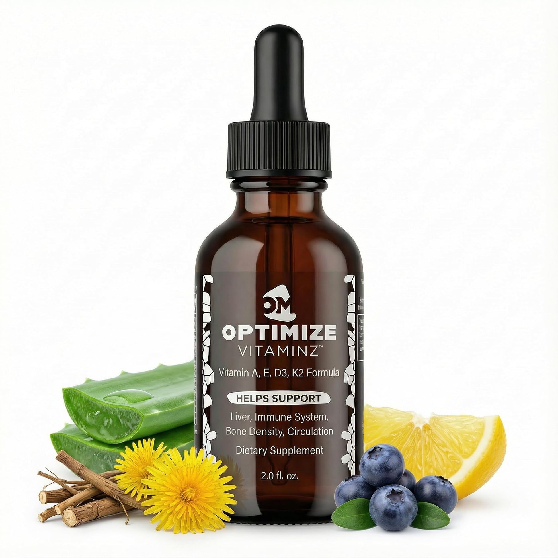 Optimize Vitaminz Liquid Vitamin D3 K2 Drops with Dandelion Root & Bilberry | Immune, Liver & Bone Support, MK-7 Formula, Fast Absorption Liquid Multivitamin, 30 Day Supply, 2 Fl Oz Optimize MineralsAu supplements