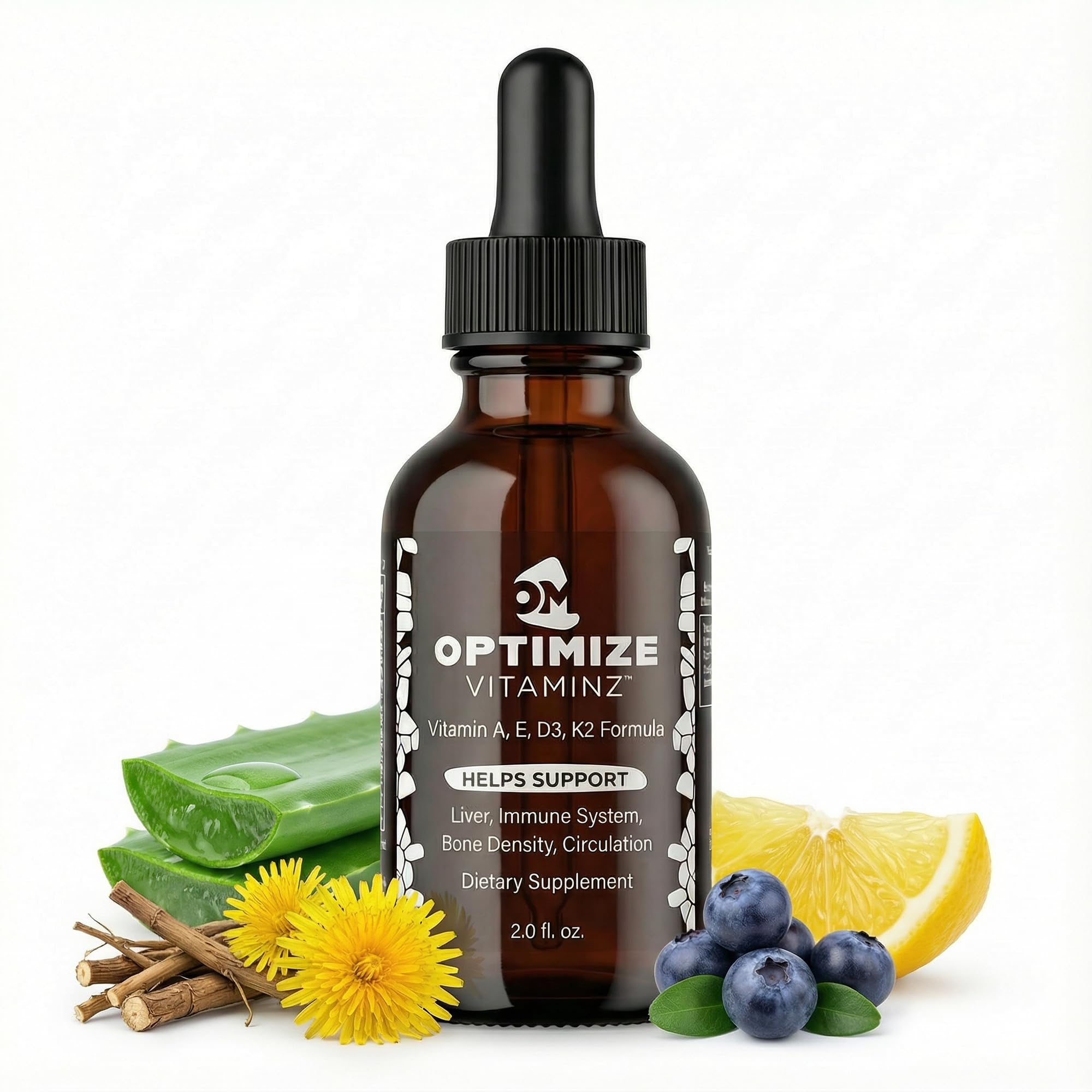 Optimize Vitaminz Liquid Vitamin D3 K2 Drops with Dandelion Root & Bilberry | Immune, Liver & Bone Support, MK-7 Formula, Fast Absorption Liquid Multivitamin, 30 Day Supply, 2 Fl Oz Optimize MineralsAu supplements