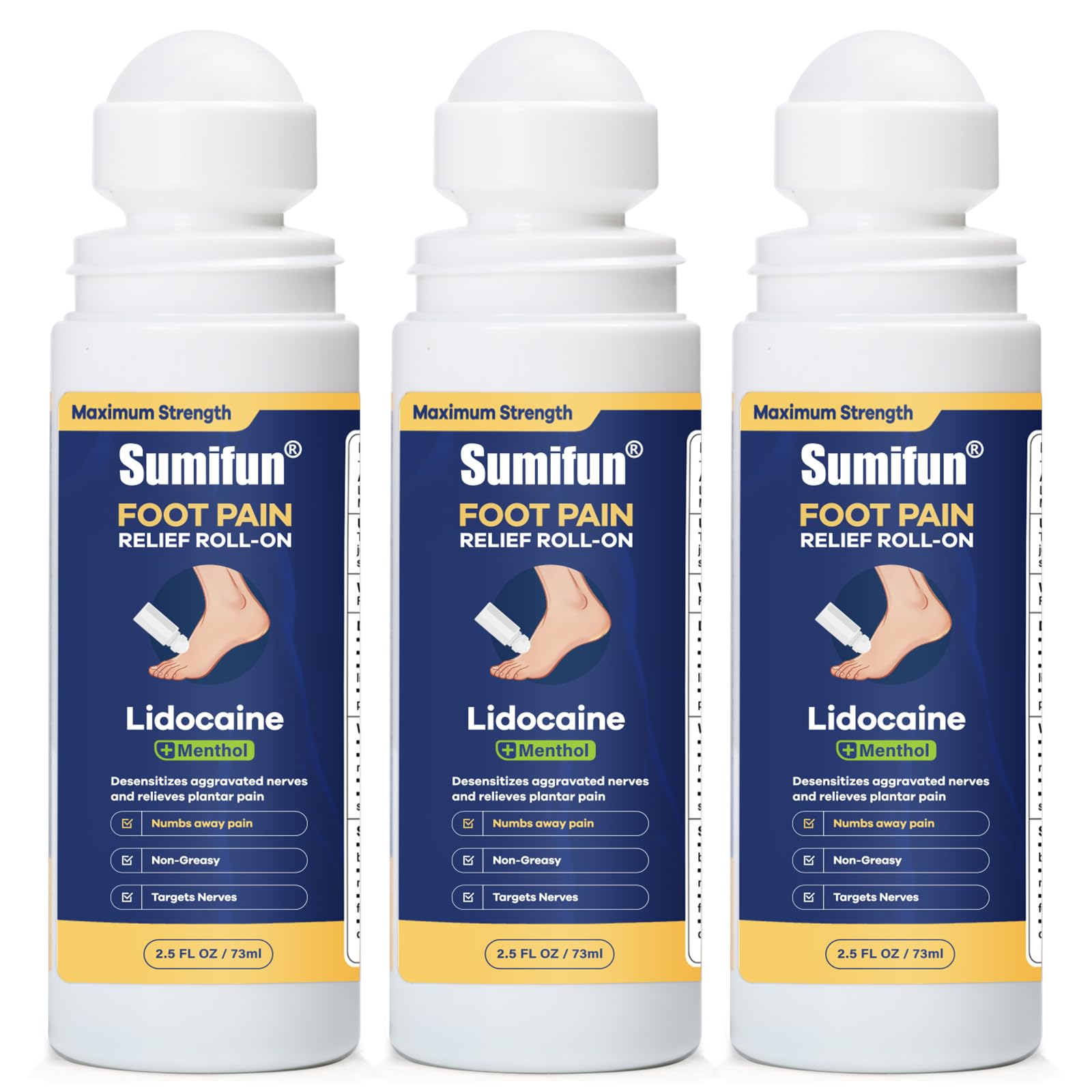Sumifun Foot Pain Relief Lidocaine Roll-On - Maximum Strength OTC for Plantar Fasciitis & Heel Pain - Fast-Drying, Non-Greasy Formula, 2.5 Fl Oz * 3 SumifunAu supplements