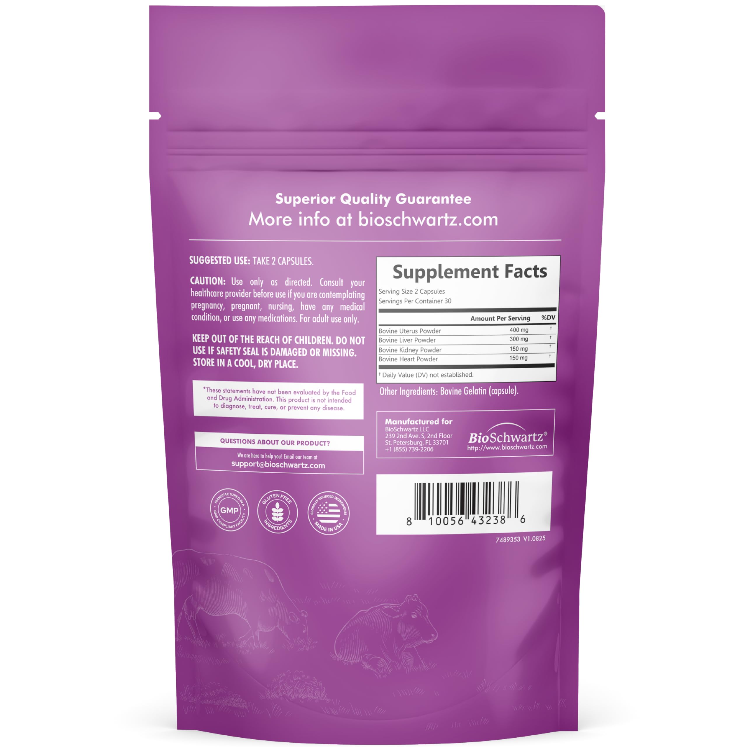 BioSchwartz Primal Beef Organ Supplement for Women - 60 Capsules - Grass-Fed & Pasture-Raised - Supports Healthy Hair Skin and Nails, Hormone Balance - with Bovine Liver, Kidney, Heart, Uterus Powder BioSchwartzAu supplements