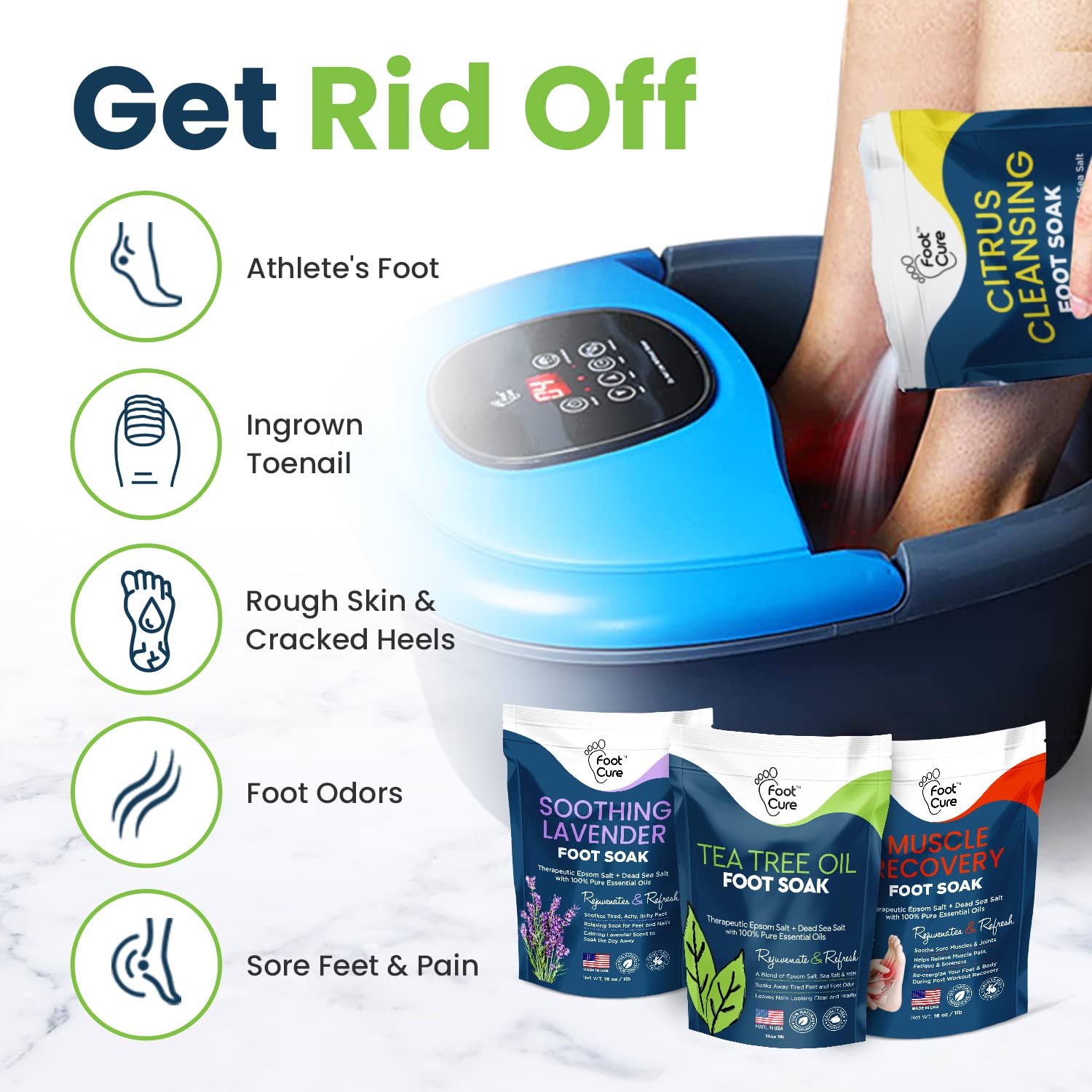Foot Soak with Epsom Salts- Variety Pack of 4- Tea Tree Oil, Muscle Relief, Calming FOOT CUREUS supplements