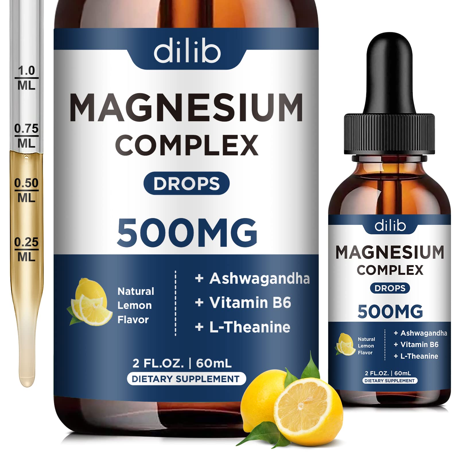 Magnesium Glycinate Liquid Drops, Triple Magnesium Complex Supplement with Citrate, Malate 500mg Ashwagandha, L-Theanine, Vitamin B6 for Sleep, Calm, Stress Relief, Bone, Muscle, Mood - Lemon Flavor dilibAu supplements
