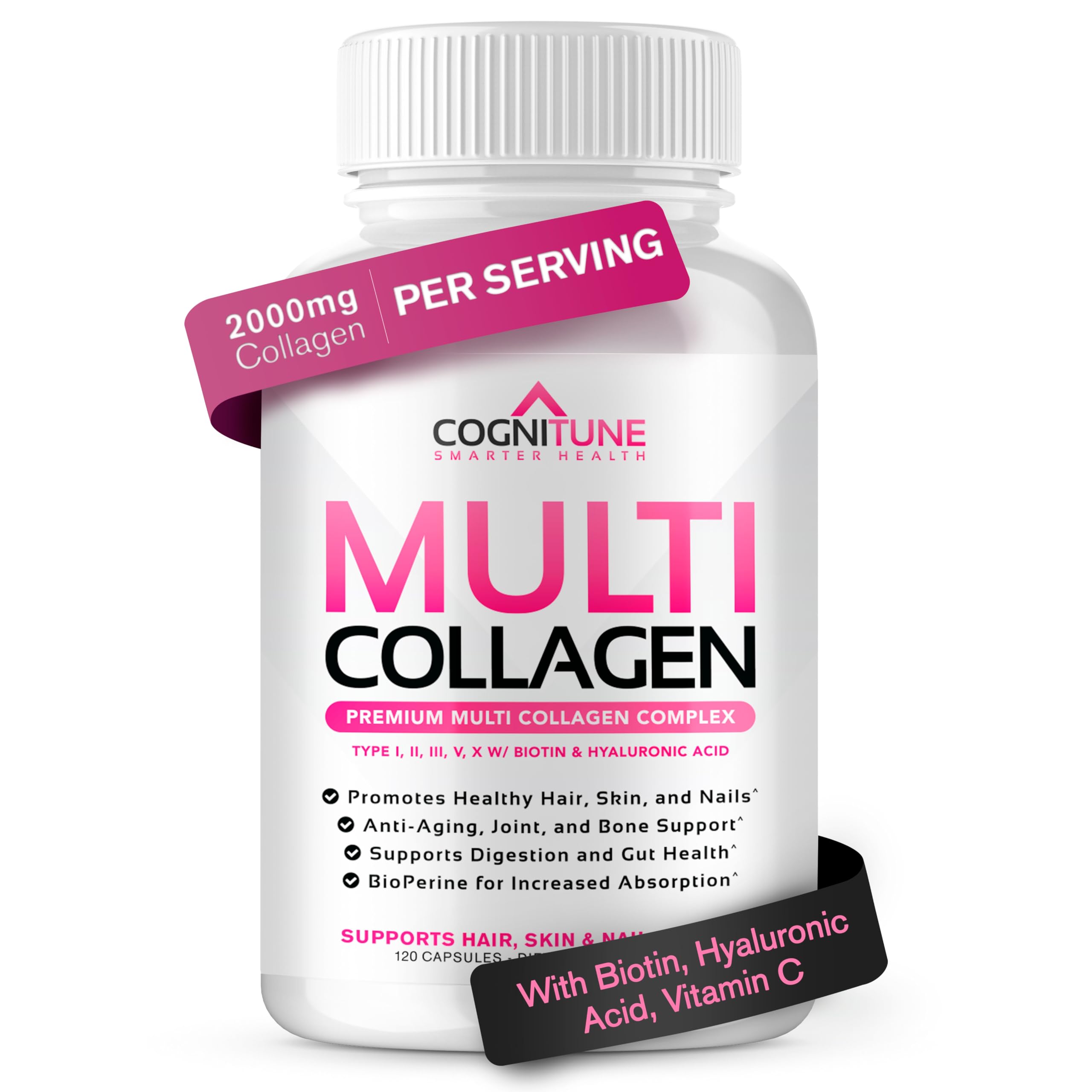 CogniTune Multi Collagen Peptides for Women with Biotin, Hyaluronic Acid, Vitamin C - 5 Types I II III V X Colageno Hidrolizado - 2000mg Hair Skin Nails Joints Support - 120 Capsules CogniTuneAu supplements