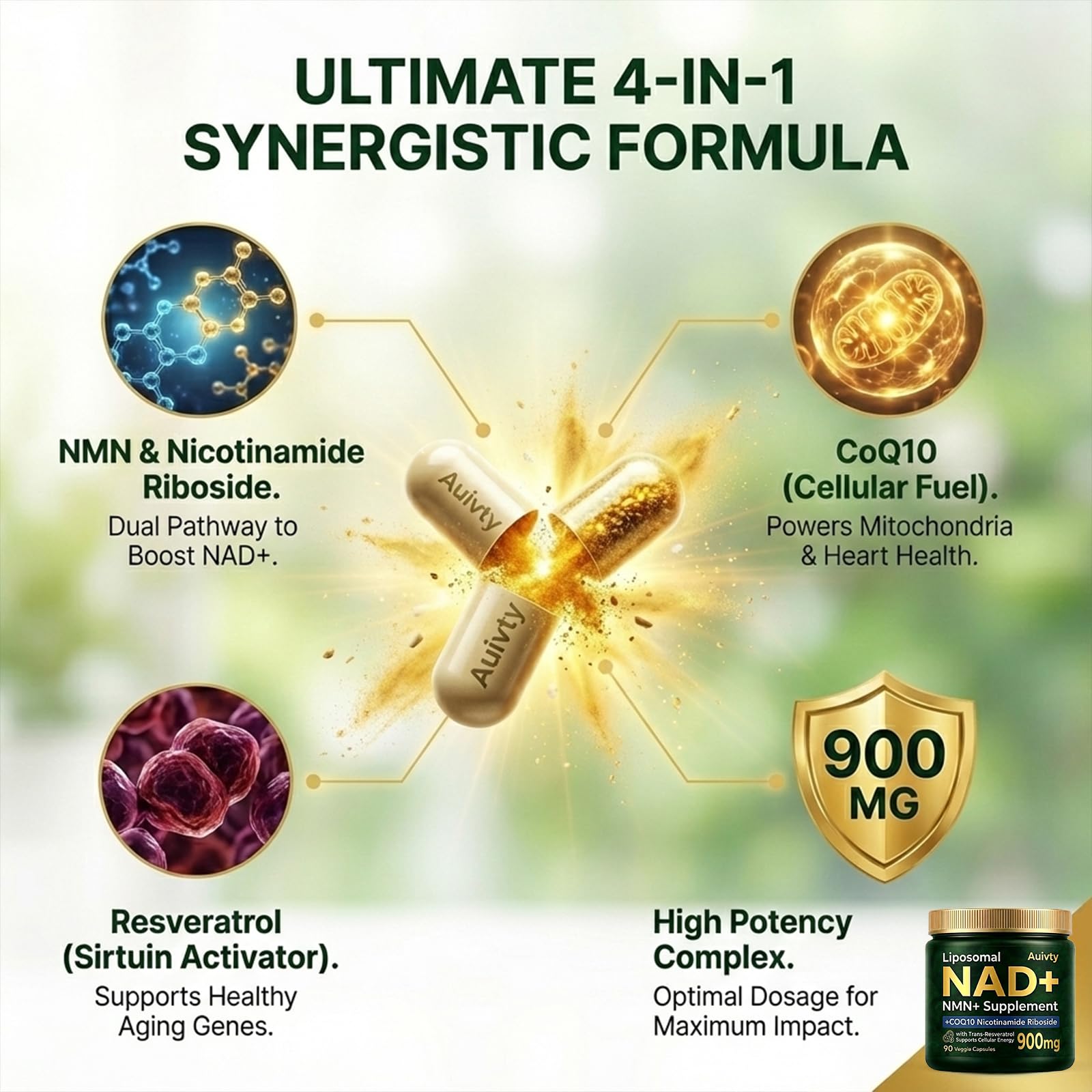 Auivty Liposomal NAD+ NMN Supplement with COQ10, Nicotinamide Riboside, Trans-Resveratrol, 900mg, 90 Veggie Capsules AuivtyAu supplements