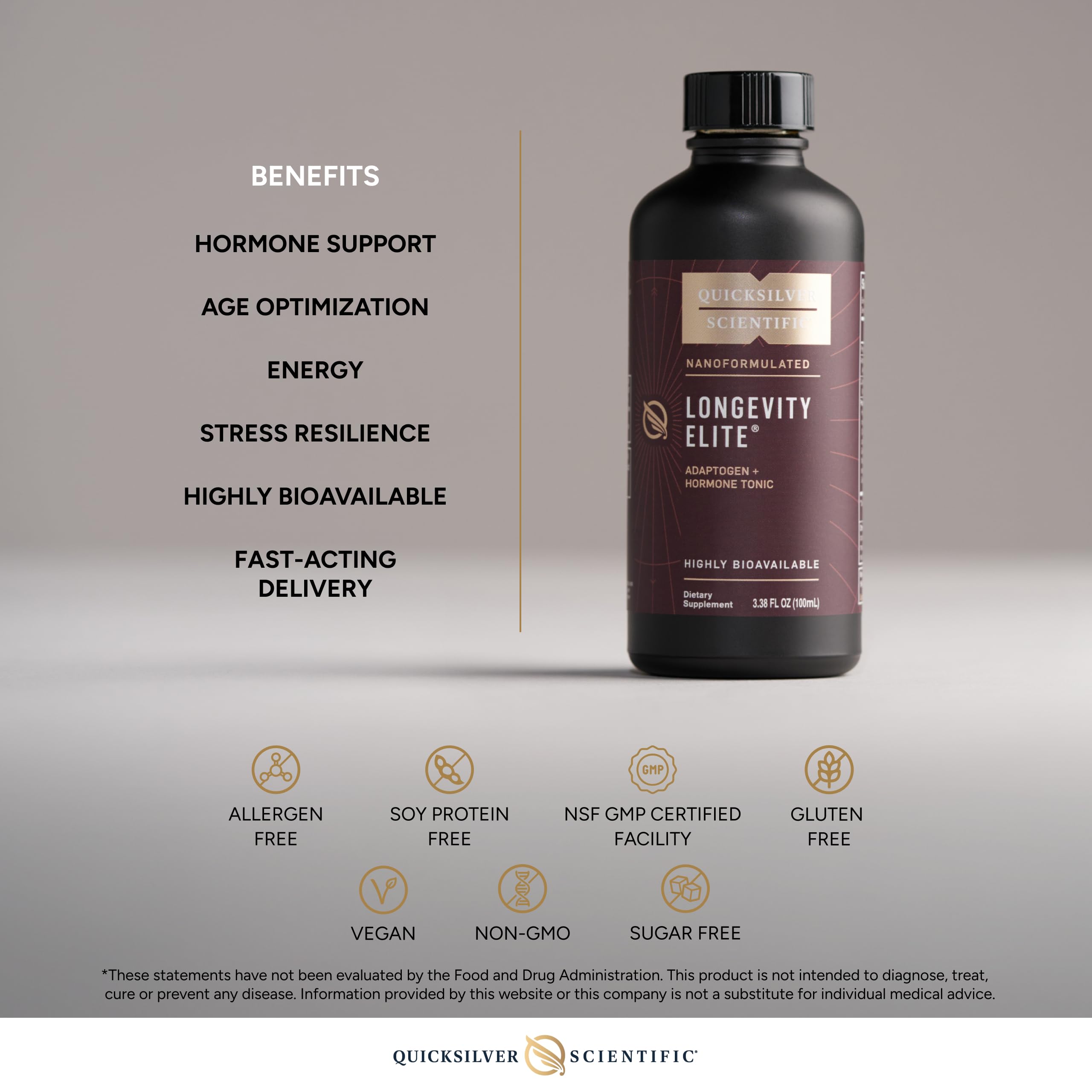 Quicksilver Scientific Longevity Elite - Liposomal Adaptogen + Pregnenolone Tonic - Herbal Supplements Designed for Age Optimization Support While Targeting AMPK, Sirtuins + Telomeres (100ml) Quicksilver ScientificUS supplements