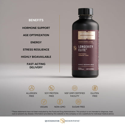 Quicksilver Scientific Longevity Elite - Liposomal Adaptogen + Pregnenolone Tonic - Herbal Supplements Designed for Age Optimization Support While Targeting AMPK, Sirtuins + Telomeres (100ml) Quicksilver ScientificUS supplements