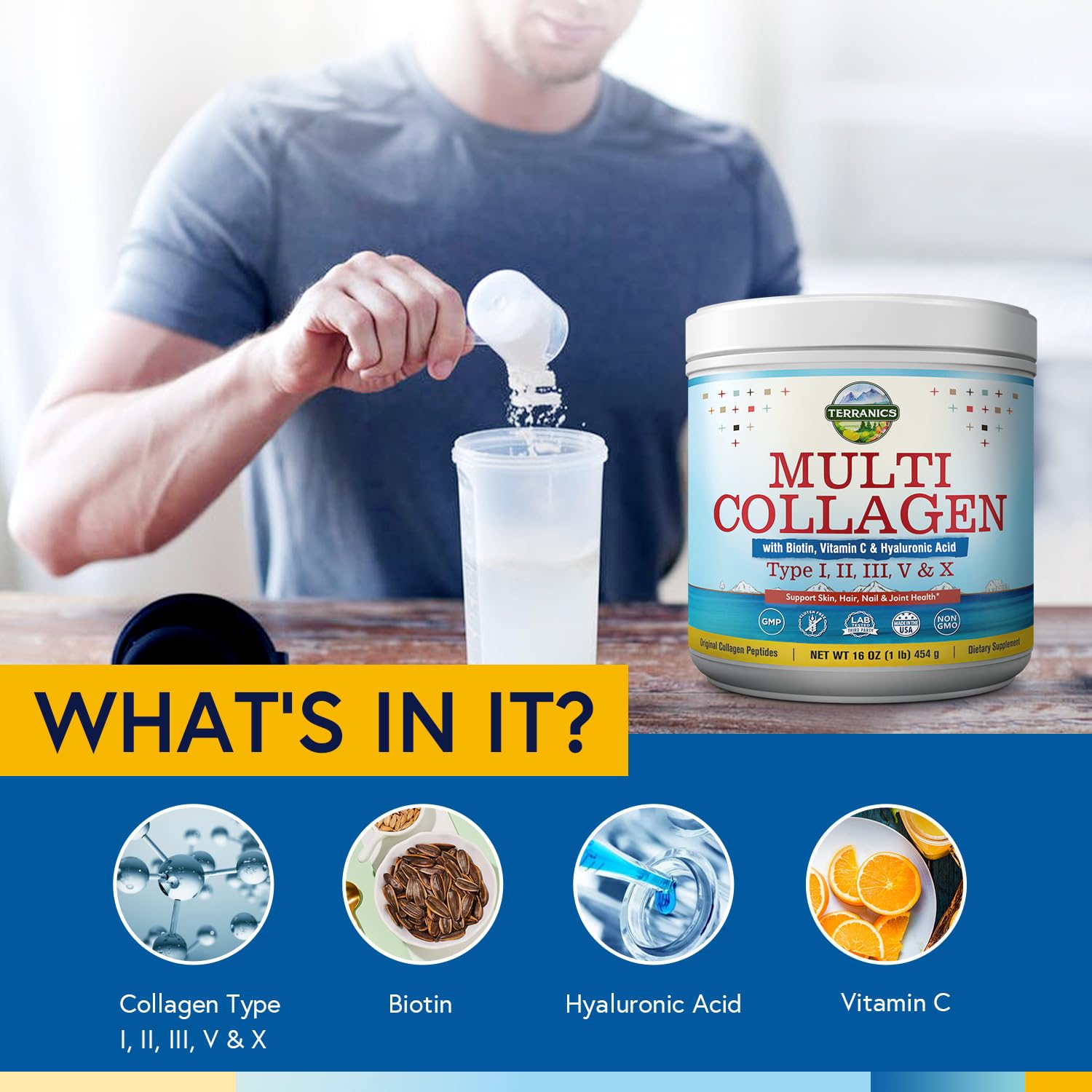 Terranics Multi Collagen Powder Type I II II V X with Biotin VC Hyaluronic Acid, Paleo TerranicsUS supplements