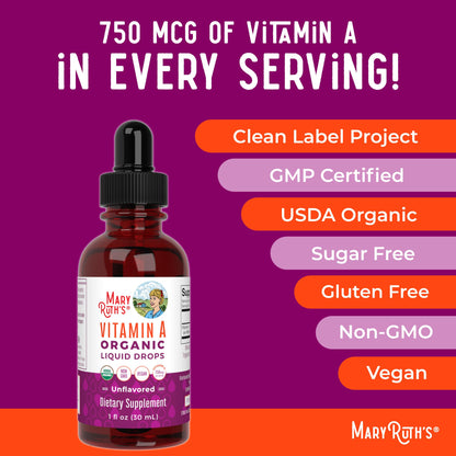 MaryRuth Organics USDA Organic Vitamin A Liquid Drops | 3 Month Supply | Bone Health for Ages 14+ | Essential Vitamin | 750mcg per Serving | Sugar Free | Vegan | Non-GMO | Gluten Free | 1oz MARYRUTH'SUS supplements