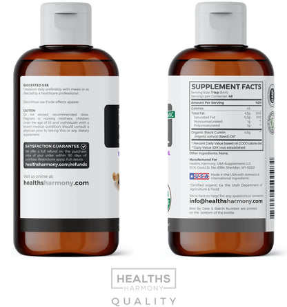 USDA Organic Black Cumin Seed Oil Liquid (8 fl oz) Premium Cold-Pressed Nigella Sativa Healths HarmonyUS supplements
