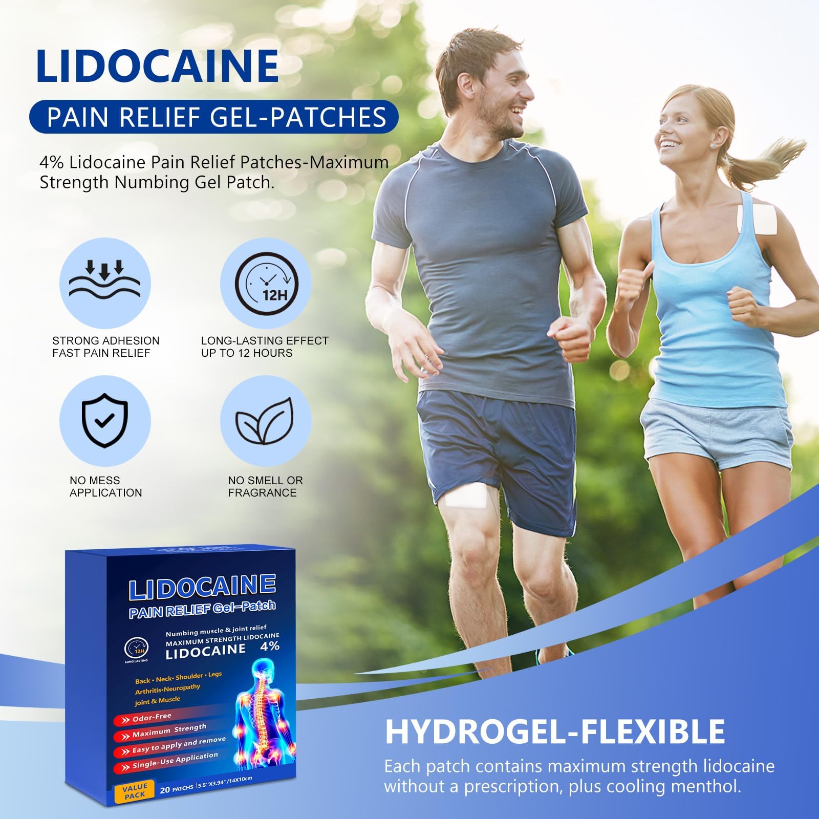 KIbabyDI Professional Lidocaine Pain Relief Patches - 20 Count | 4% Medicated Gel Patches for Targeted Joint & Muscle Comfort | Long-Lasting 12-Hour Relief, Ultra-Flexible Design -lb234 KIbabyDIAu supplements
