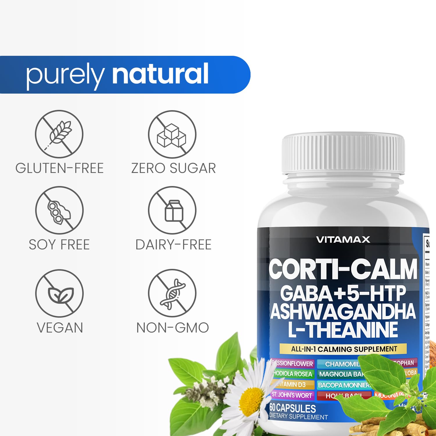 Corti-Calm Cortisol Supplement, L Theanine, Ashwagandha, Vitamin D 3, GABA for Relaxation, Fatigue & Focus with Ginkgo Biloba, Bacopa Monnieri, 5-HTP – Non-GMO, Made in USA – 60ct VitamaxAu supplements