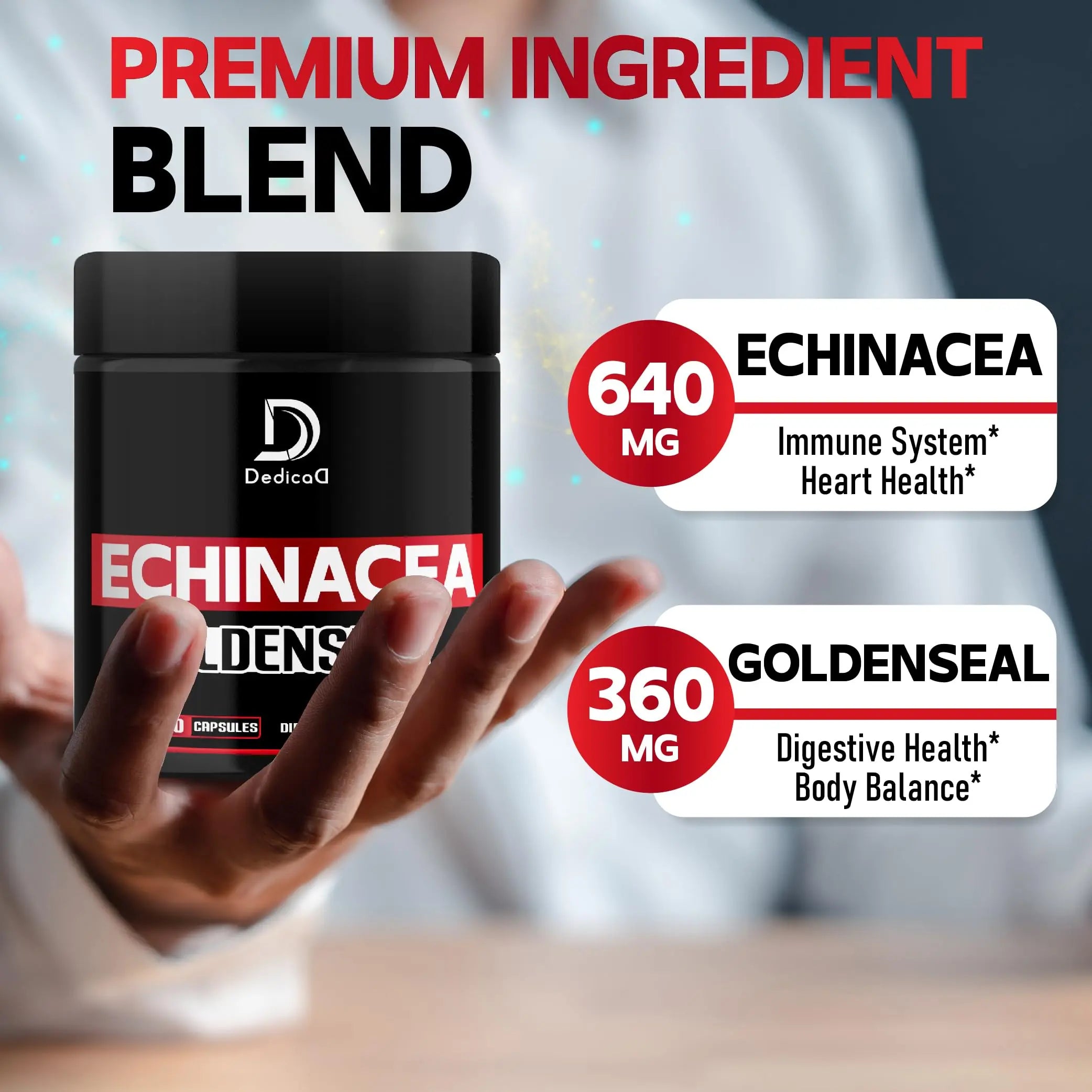 DEDICAD 1000mg Echinacea Goldenseal Capsules - Support Immune System, Well-Being & Overal Health - 60 Veggie Capsules - Non-GMO, Gluten-Free DEDICADnz supplements