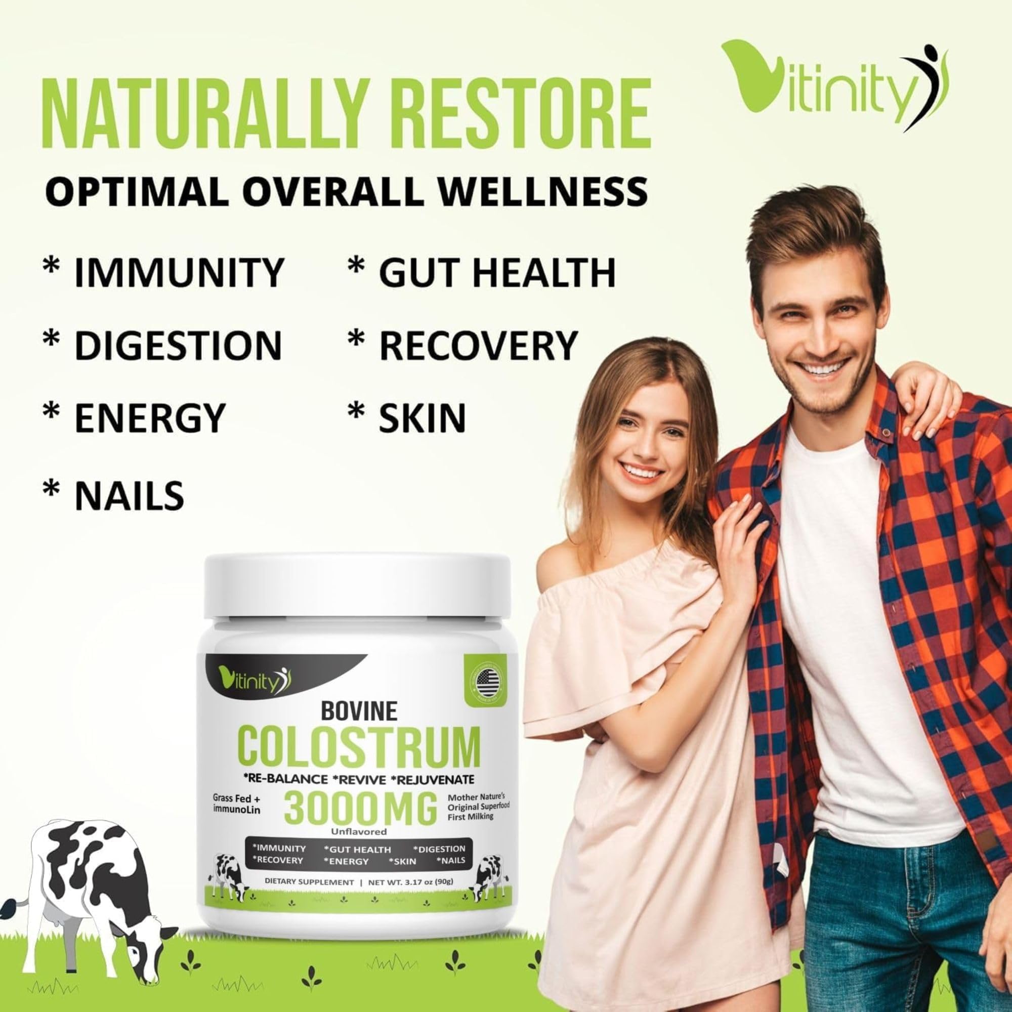 VITINITY Grass Fed Bovine Colostrum Powder for Humans 3000 mg - Natural IgG Colostrum Supplement Gut Health, Immune Support, Muscle Recovery, Wellness | Pure Colostrum Superfood,Unflavored 2 Pack VITINITYAu supplements