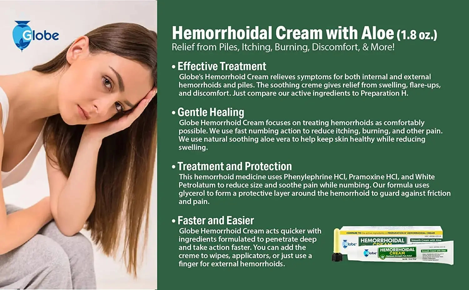 Globe Hemorrhoidal Cream, Phenylephrine HCl, Pramoxine with Aloe, Relief from Burning, Itching and Discomfort of Hemorrhoids, 1.8 Ounces GlobeAu supplements
