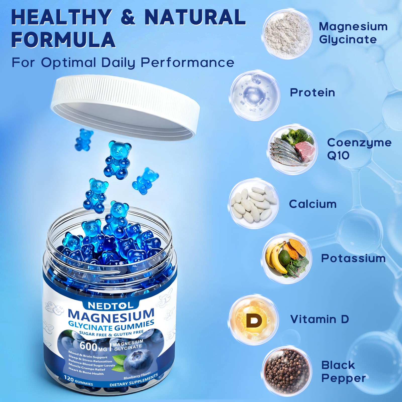 Nedtol Magnesium Glycinate Gummies 600mg, Sugar Free Magnesium Potassium Supplement for Adults with Magnesium L-Threonate, Vitamin D, B6,and CoQ10 for Sleep, Body Support and Relaxation,120 Count NedtolAu supplements