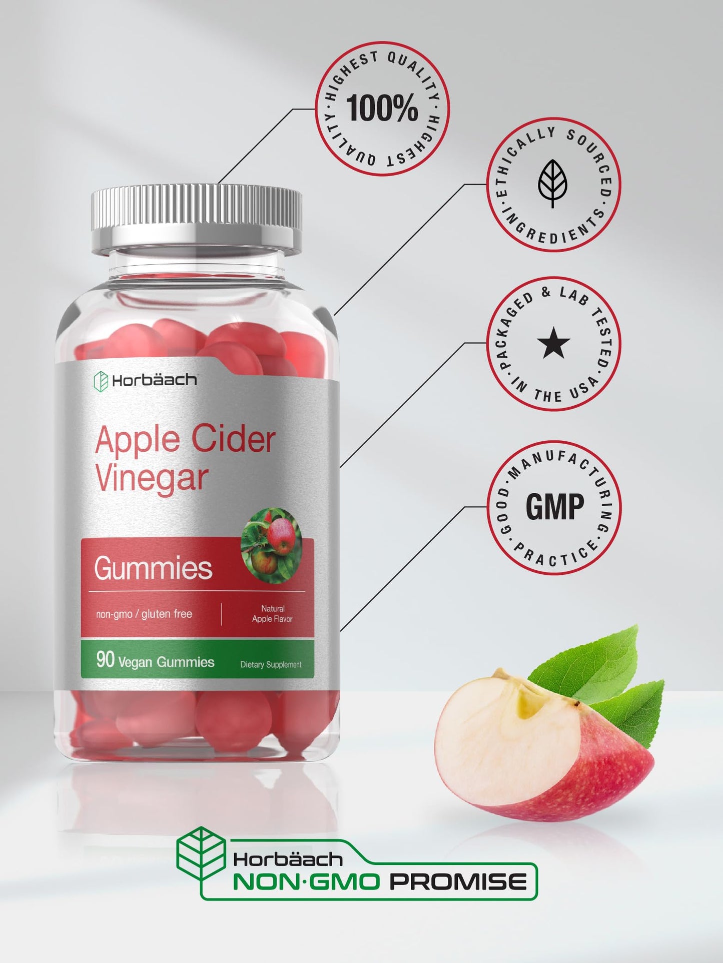 Vegan Apple Cider Vinegar Gummies | 90 Count | ACV Supplement | Natural Apple Flavor HorbäachUS supplements