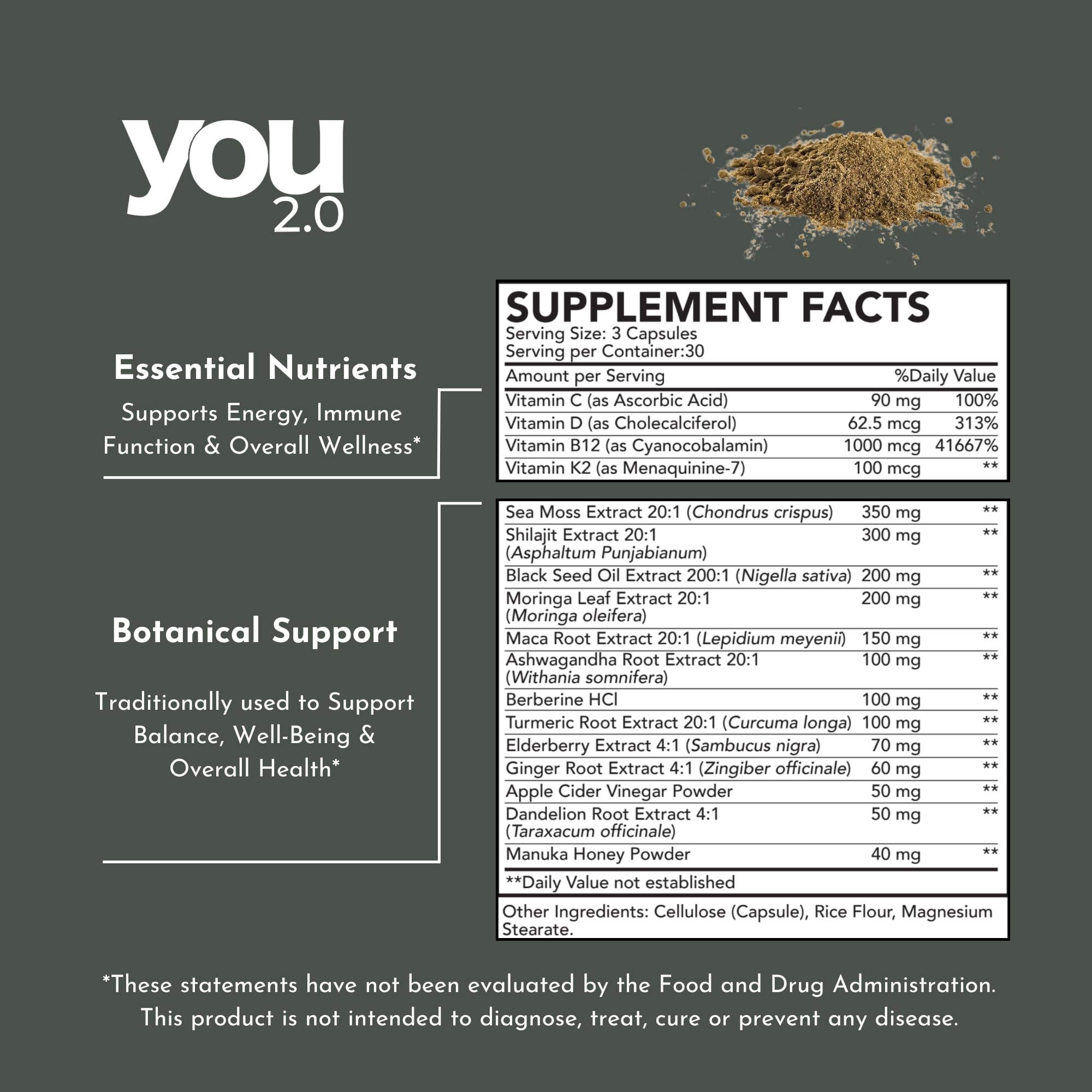 YOU 2.0 Powerhouse Superfood with Seamoss, Shilajit, Ashwagandha, Berberine, Maca, Black Seed Oil, Turmeric, Vitamin C, D, B12, K2 - Moringa, Apple Cider, Made in USA for Overall Health & Immunity YOU 2.0Au supplements