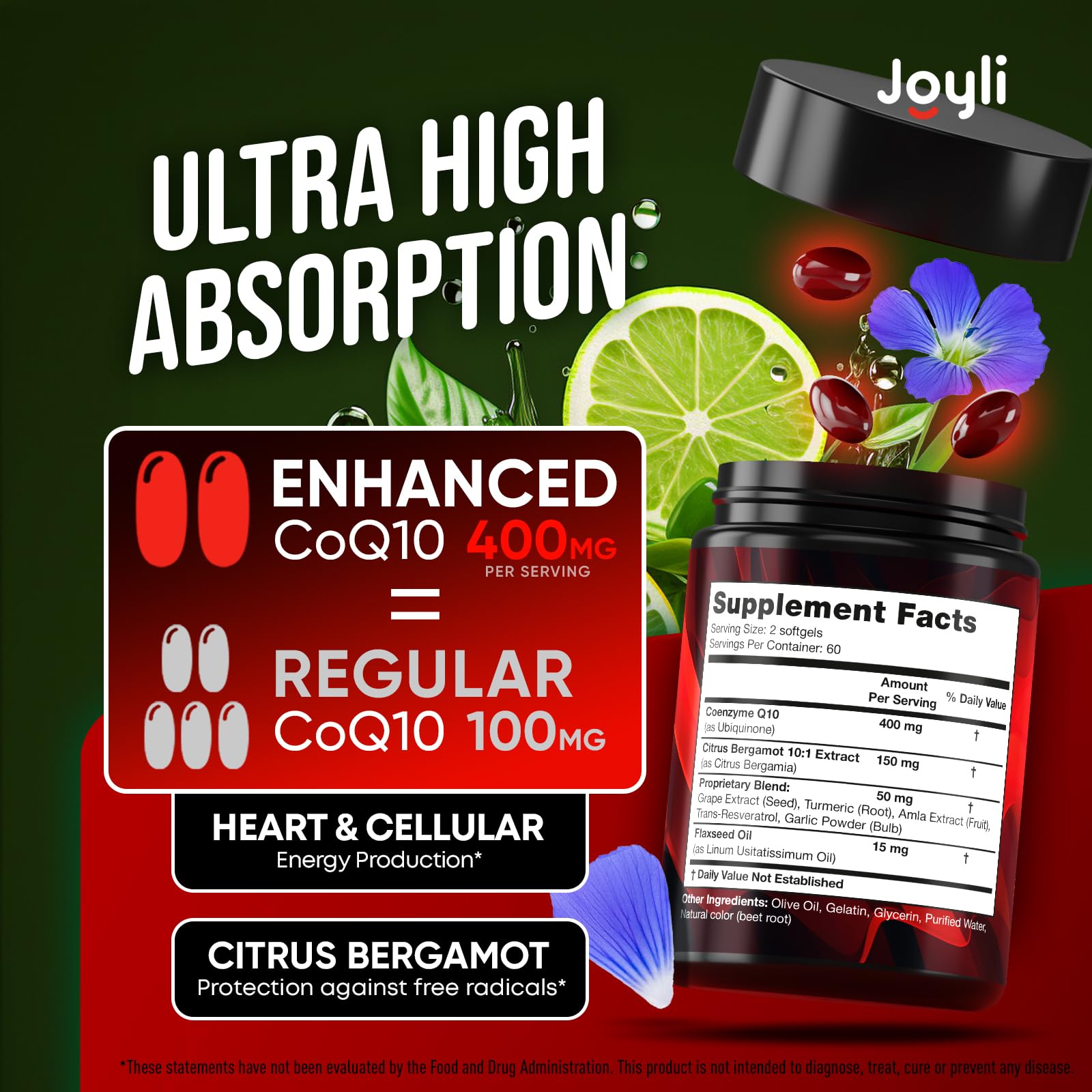 CoQ10 400mg Softgels - High Absorption Co Q10, 400mg Softgels for Heart Health & Energy Production - Enhanced Co Q 10 Supplement with Antioxidants and Flaxseed Oil - CoQ10 400 mg per Serving JOYLI NutritionUS supplements