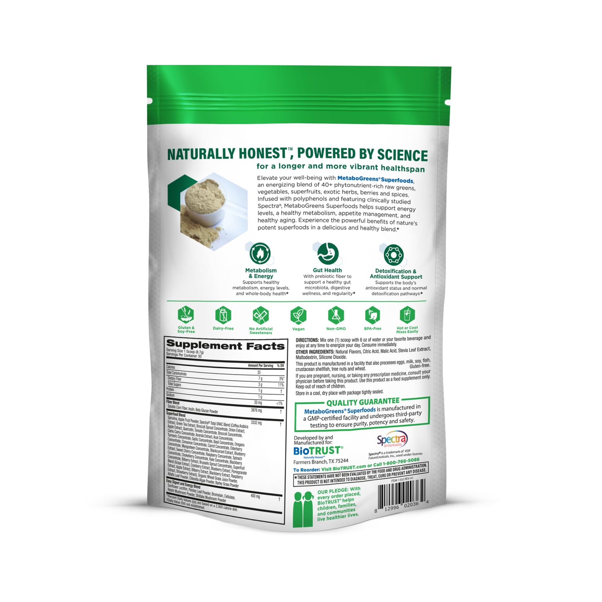 BioTrust Metabo Greens Superfood Powder - Super Greens Powder, Fruit & Veggie Blend with Clinically Studied Spectra - Non GMO, Soy Free, Gluten Free, Dairy Free, Energizing Berry Flavor (30 Servings) BioTrustAu supplements