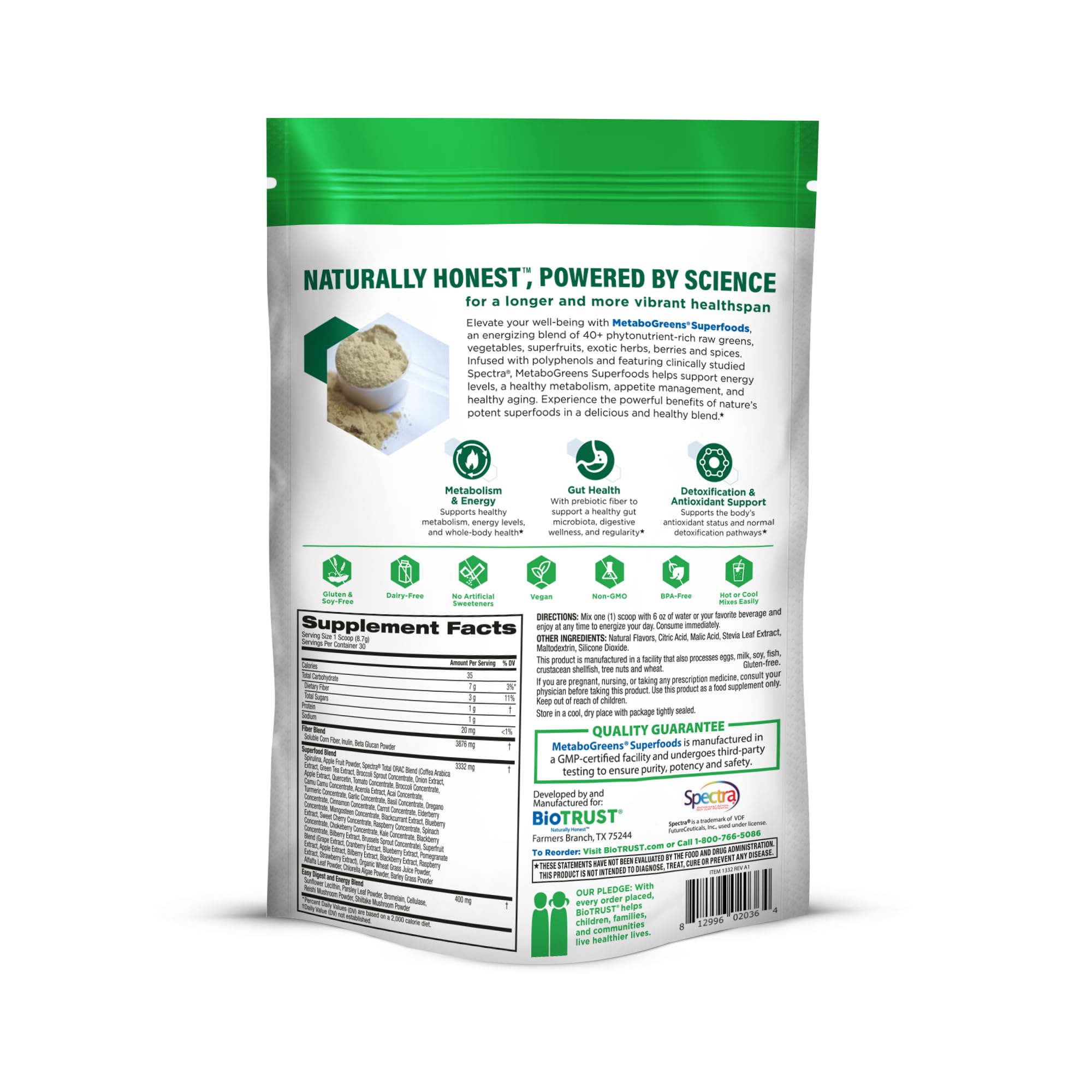 BioTrust Metabo Greens Superfood Powder - Super Greens Powder, Fruit & Veggie Blend with Clinically Studied Spectra - Non GMO, Soy Free, Gluten Free, Dairy Free, Energizing Berry Flavor (30 Servings) BioTrustAu supplements