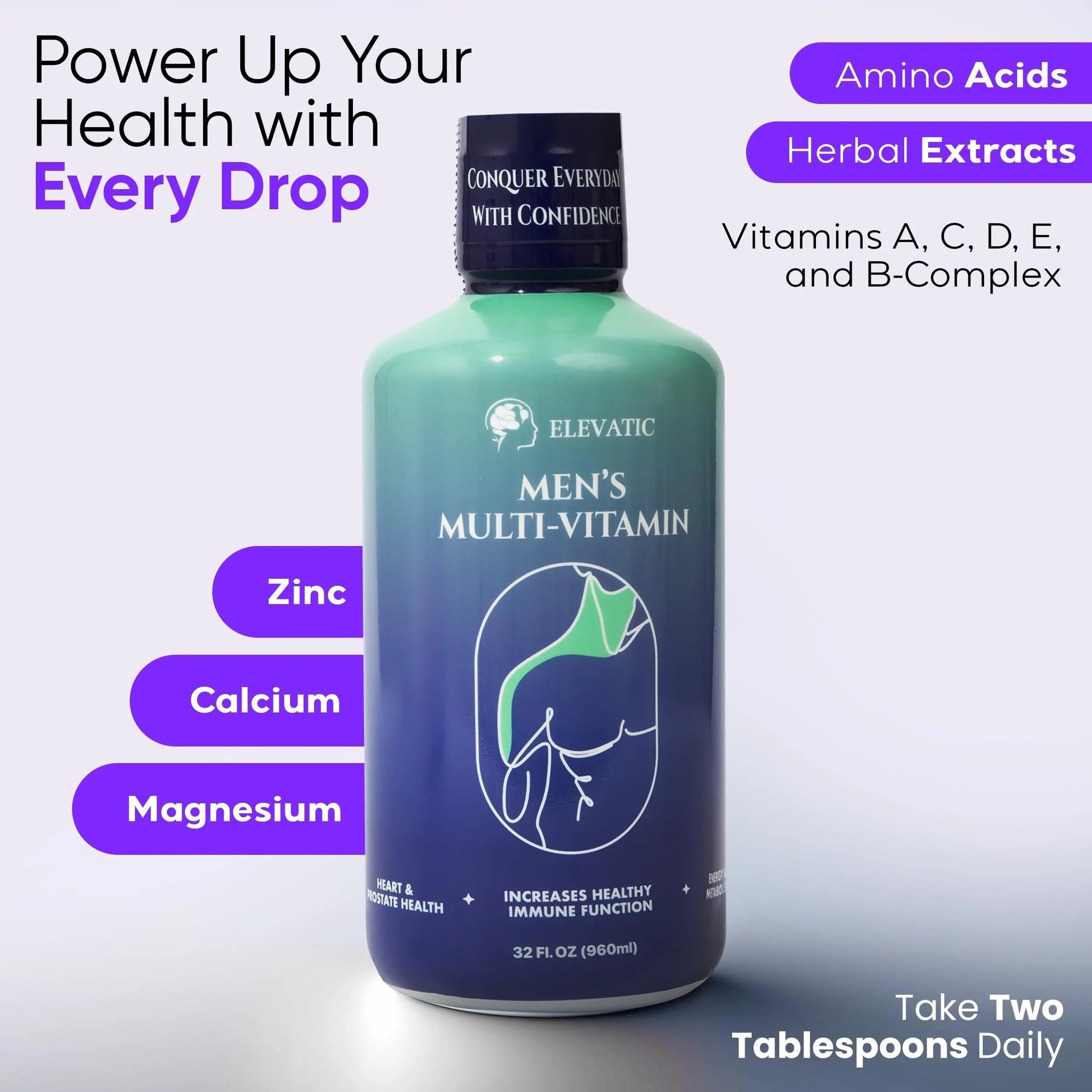 Elevatic Multivitamin for Men | 32 Fl.oz (960ml) | Superior Tasting | All Natural | Energy Booster Liquid Multivitamin ElevaticAu supplements