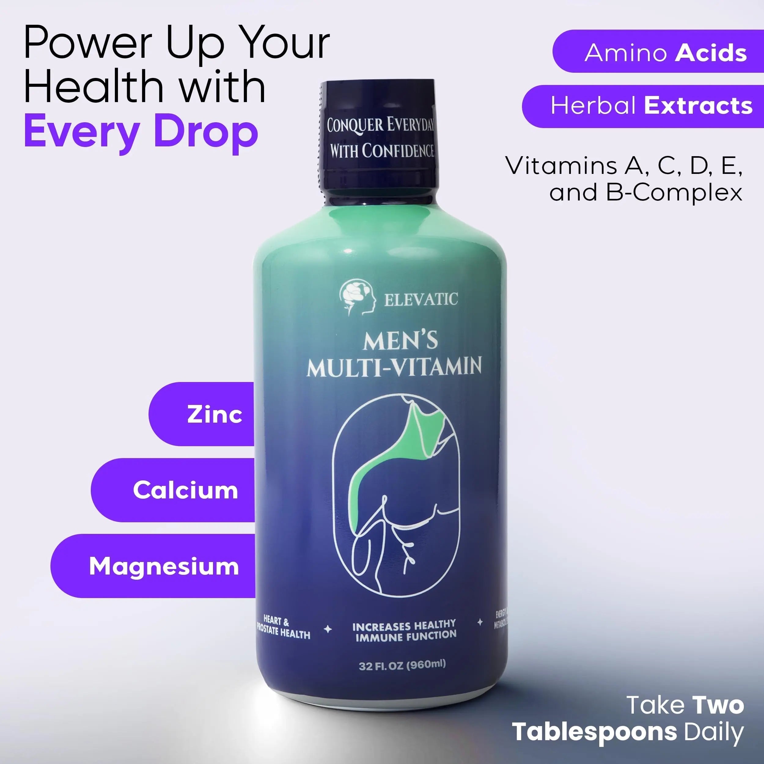 Elevatic Multivitamin for Men | 32 Fl.oz (960ml) | Superior Tasting | All Natural | Energy Booster Liquid Multivitamin ElevaticAu supplements