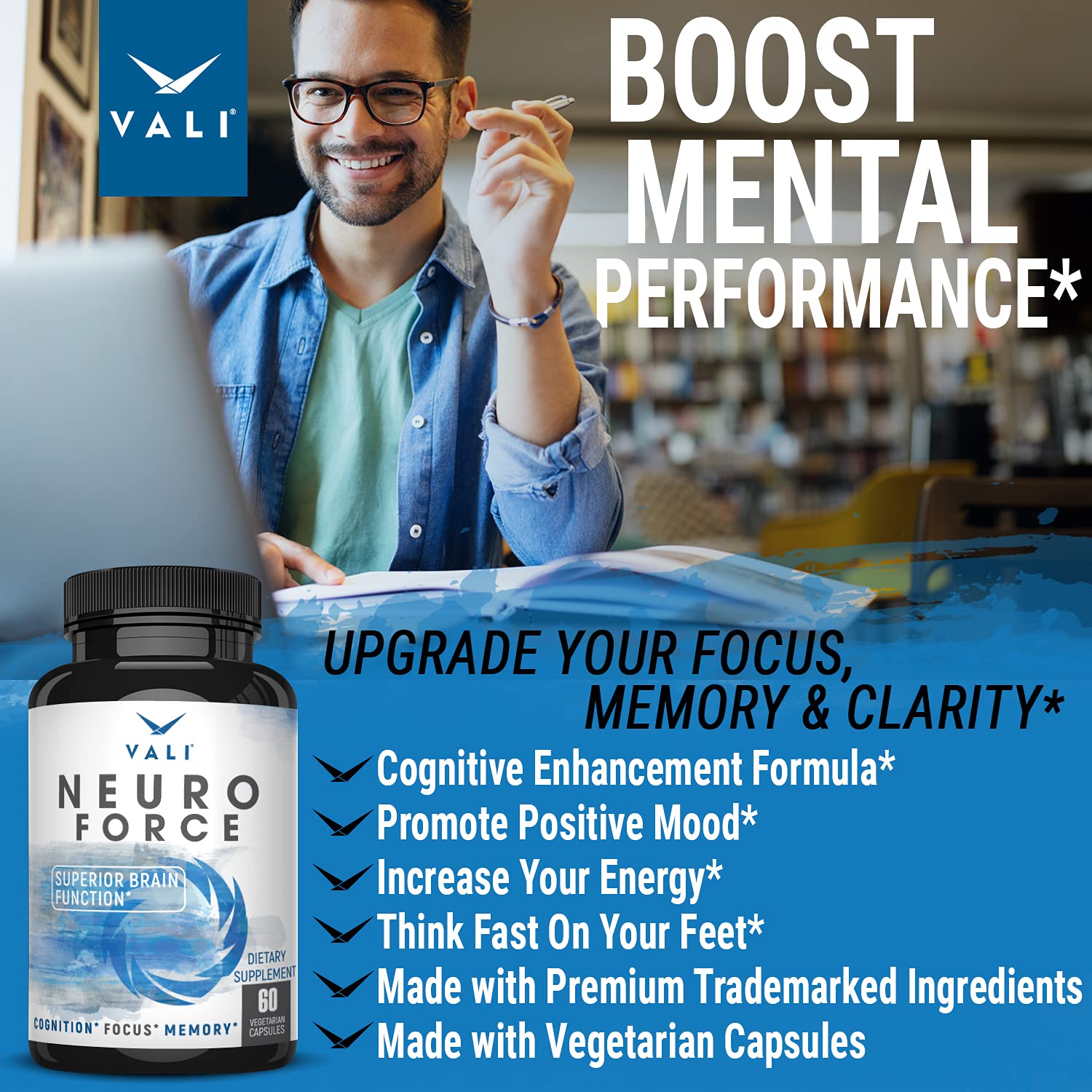 VALI Neuro Force Brain Booster Supplement for Focus, Memory, Clarity & Energy. Extra Strength Nootropic Cognitive Function Support for Mental Performance. with Natural Caffeine. 60 Veggie Capsules VALIAu supplements