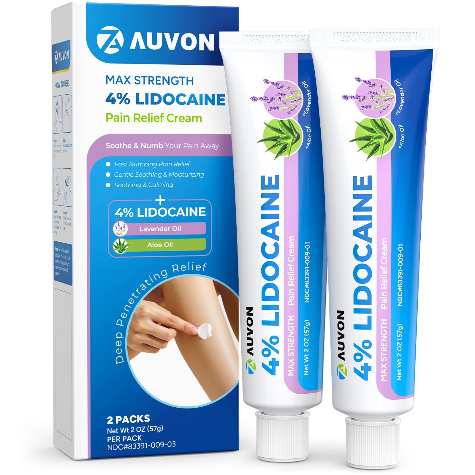 AUVON Max Strength Lidocaine Pain Relief Cream with Lavender & Aloe Vera, Numbing Cream for Minor Arthritis Pain, Soothing Muscle for Neck, Shoulder, Hip, Knee, Joint and Back Pain, 2 Oz, 2 Packs AUVONAu supplements