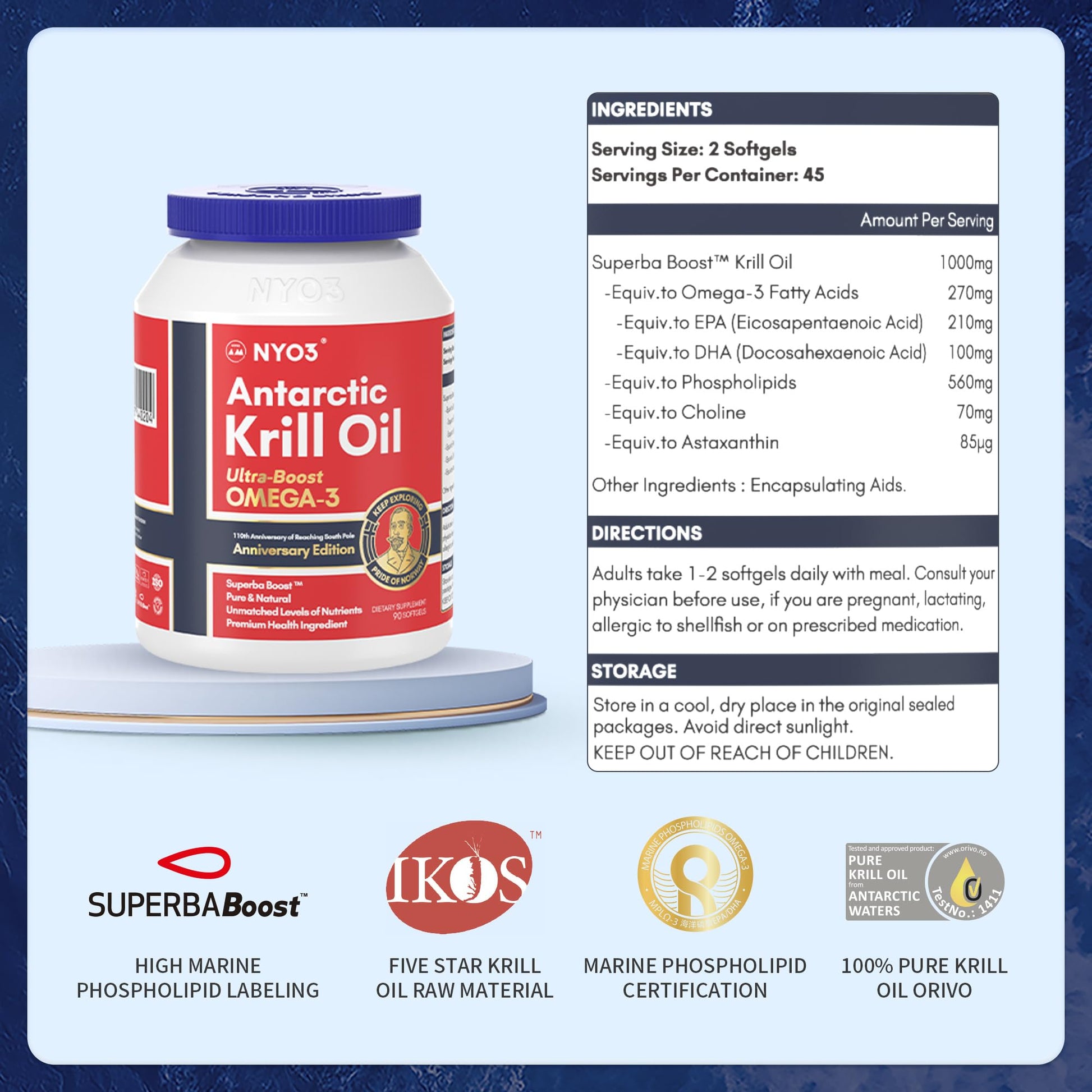 NYO3 Antarctic Krill Oil 1000mg Omega 3 Supplement, EPA & DHA, 90 Softgels Astaxanthin NYO3US supplements
