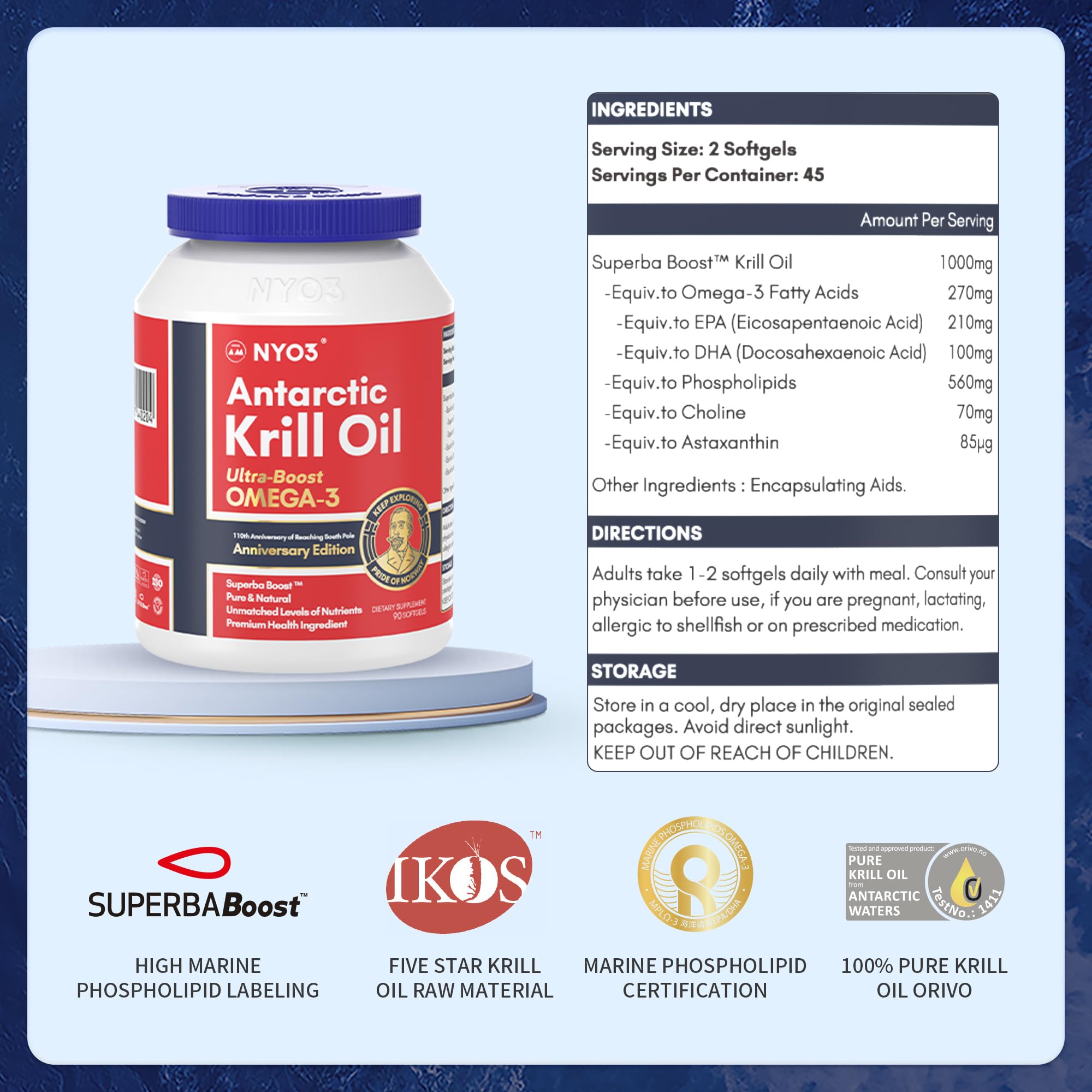 NYO3 Antarctic Krill Oil 1000mg Omega 3 Supplement, EPA & DHA, 90 Softgels Astaxanthin NYO3US supplements