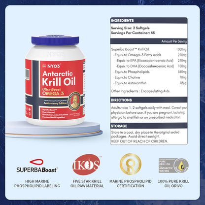 NYO3 Antarctic Krill Oil 1000mg Omega 3 Supplement, EPA & DHA, 90 Softgels Astaxanthin NYO3US supplements