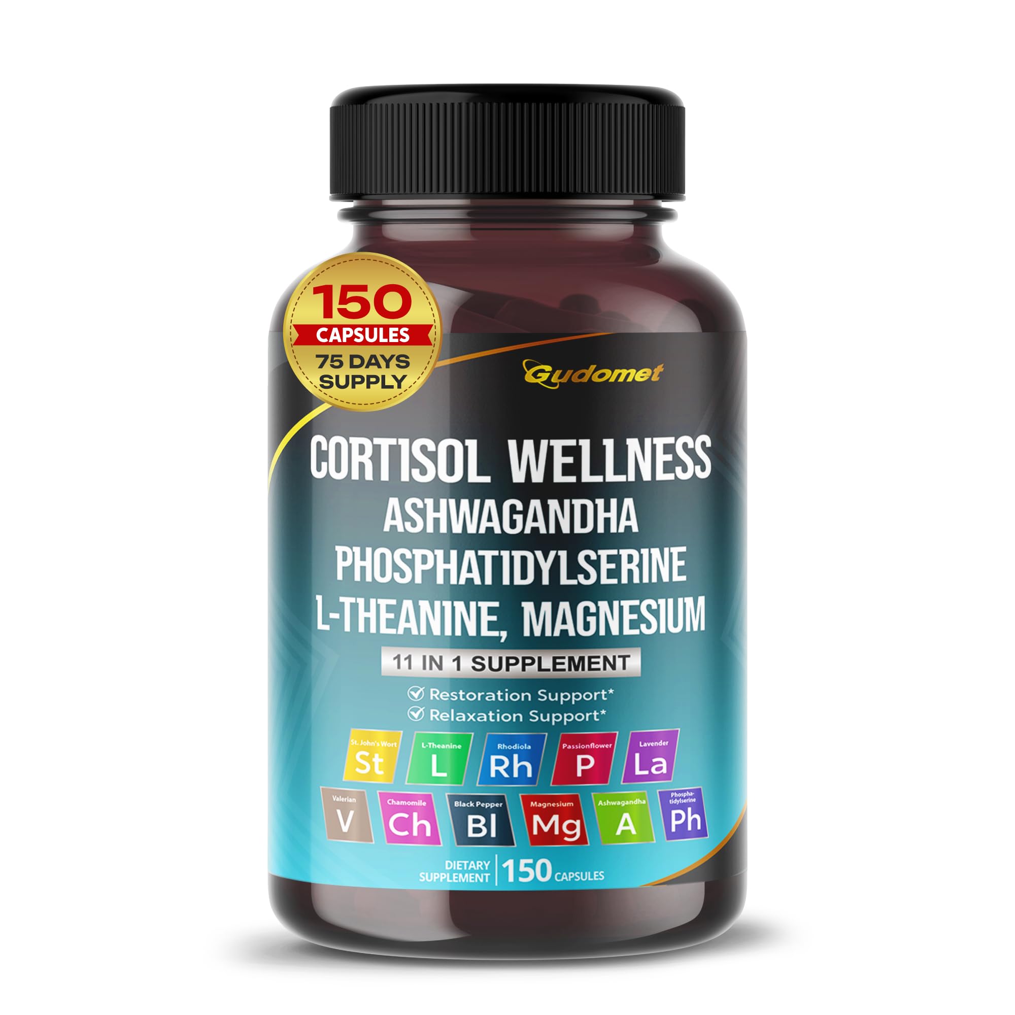 GUDOMET CORTISOL Wellness Magnesium Ashwagandha L-Theanine Phosphatidylserine Rhodiola Rosea Passionflower Lavender Chamomile -150 Capsules GUDOMETAu supplements