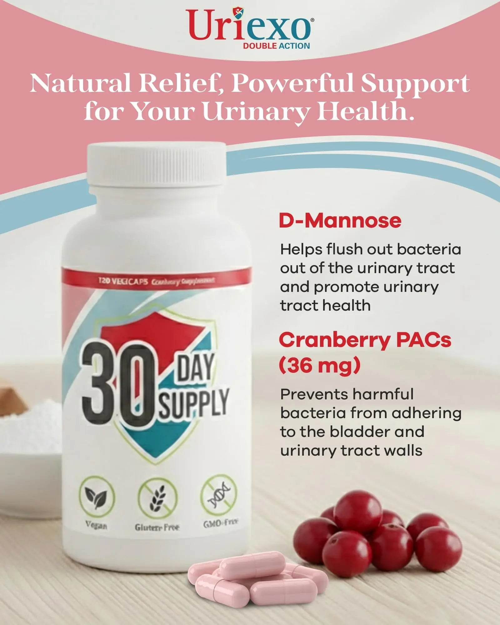 Uriexo Double Action Support Cranberry Pills - Urinary Tract Health Supplement with 36mg Proanthocyanidins PACs & 2000mg D-Mannose, Capsules for Men & Women, Non-Antibiotic Formula, 30 Day Supply UriexoAu supplements