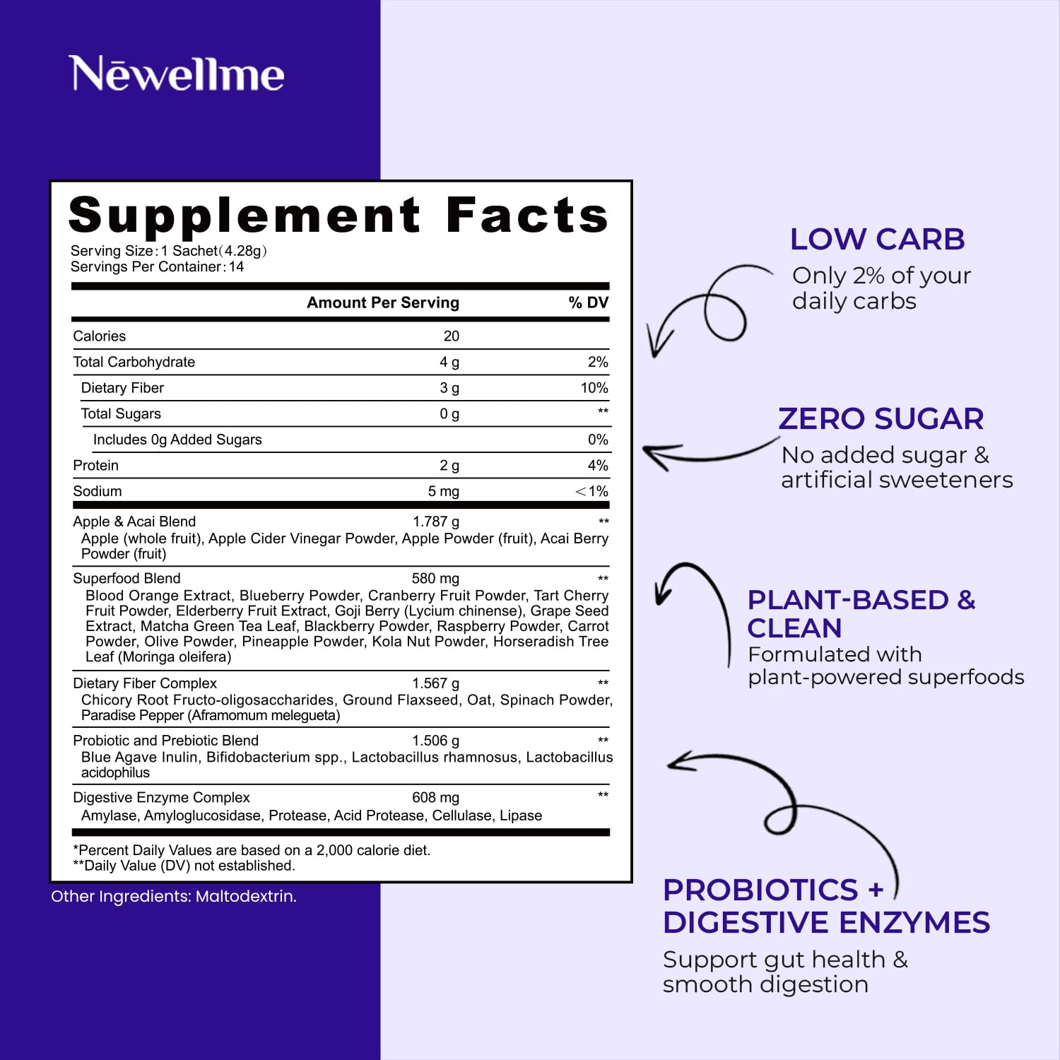 NEWELLME Balance Master Acai Apple Cider Vinegar Powder, Healthy Blood Sugar Support, Probiotics & Digestive Enzymes for Metabolic Support, Vegan Non-GMO, 14 Servings NEWELLMEAu supplements