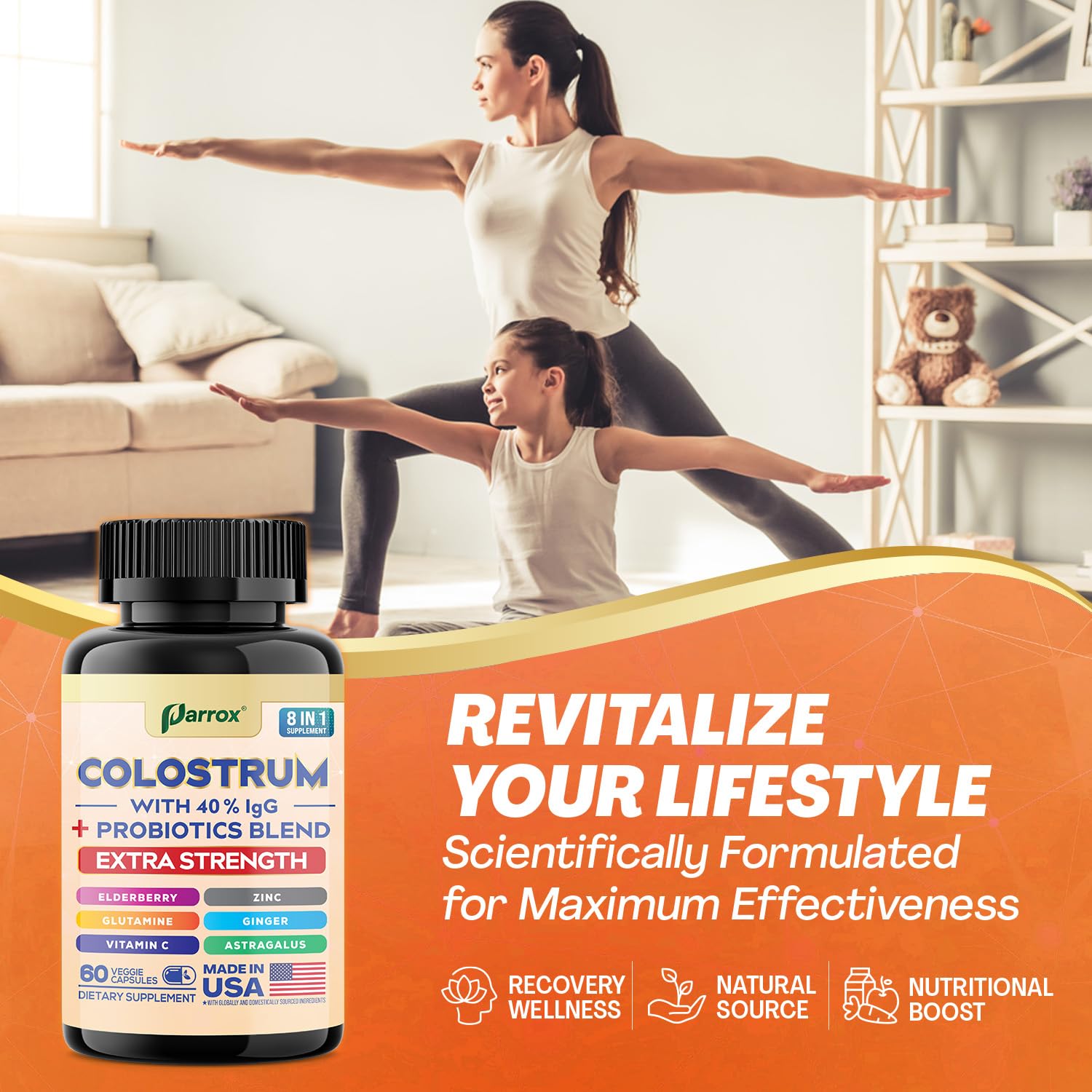 Parrox Colostrum Supplement Capsules, Grass Fed Cow Colostrum with 40% IgG, Probiotics Blend, Elderberry, Astragalus, Zinc, Ginger, Vitamin C, L-Glutamine, 8 in 1 Extra Strength Bovine Boost (60 Caps) ParroxAu supplements