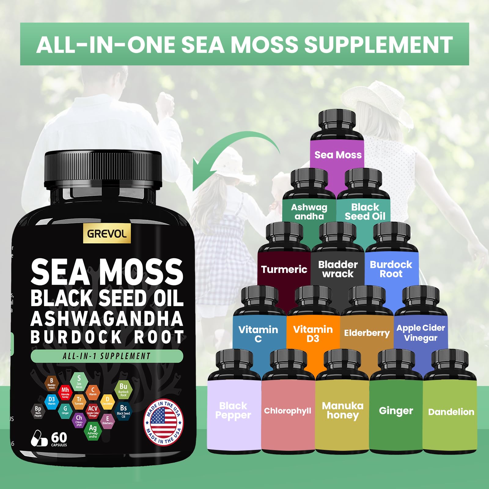 Sea Moss Black Seed Oil Ashwagandha Bladderwrack Burdock Root Turmeric & Vitamin C D3 Elderberry ACV Black Pepper - Multimineral Supplement - 60 Count GrevolAu supplements