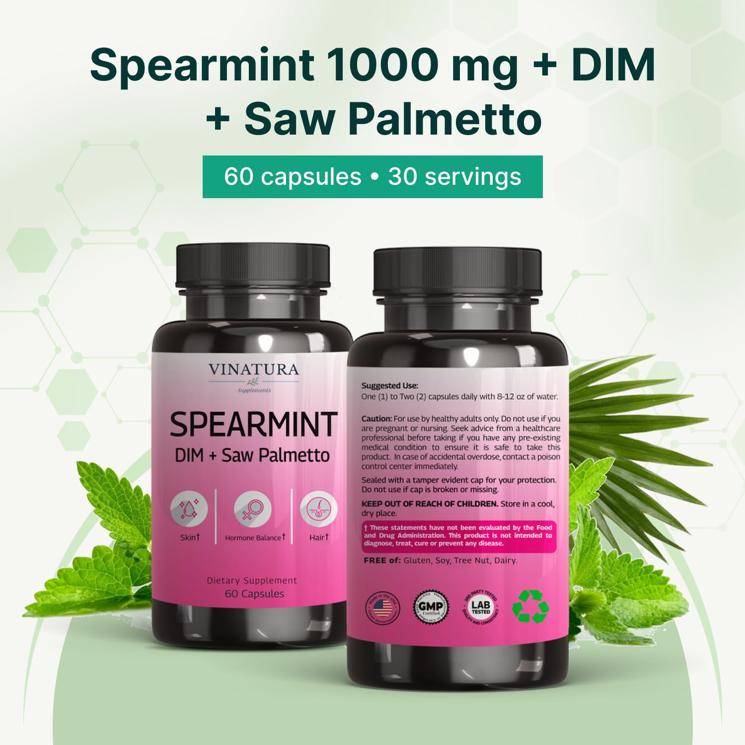 VINATURA Spearmint Leaf Capsules Supplement - Enhanced with DIM & Saw Palmetto, for Unwanted Hair, Women' Health & Skin *USA Made & Tested* - 1380mg/serving, 60 Capsules (30 Servings) VINATURAAu supplements